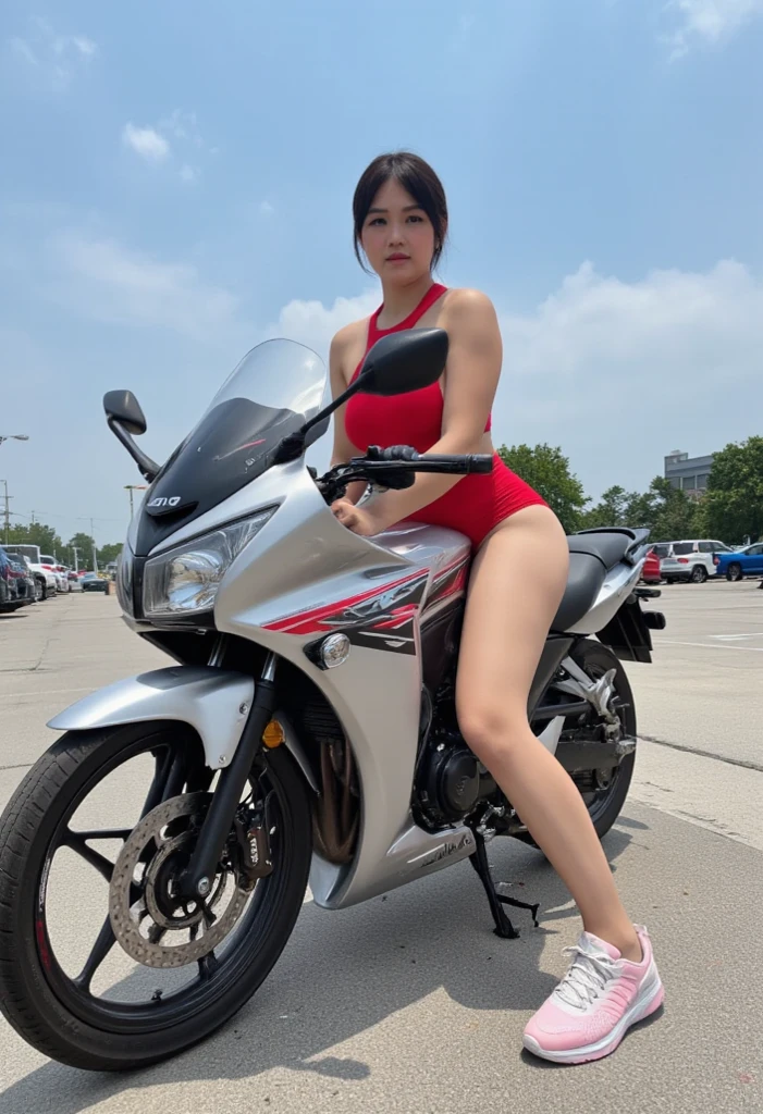 <lora:yhmotorbikev0.9-000001:0.9> closed - up, masterpiece, best quality, 1girl, wearing white swimsuit, a huge diamond necklace on her chest, (riding a red yhmotorbike at the seaside), Thin waist, plump buttocks, white skin, posing for a picture, beautifully color-coded, beautifully color graded, long legs, large breasts, (big warm grin), (black bob cut), front view  <lora:fashionGirl_v50:0.3>
