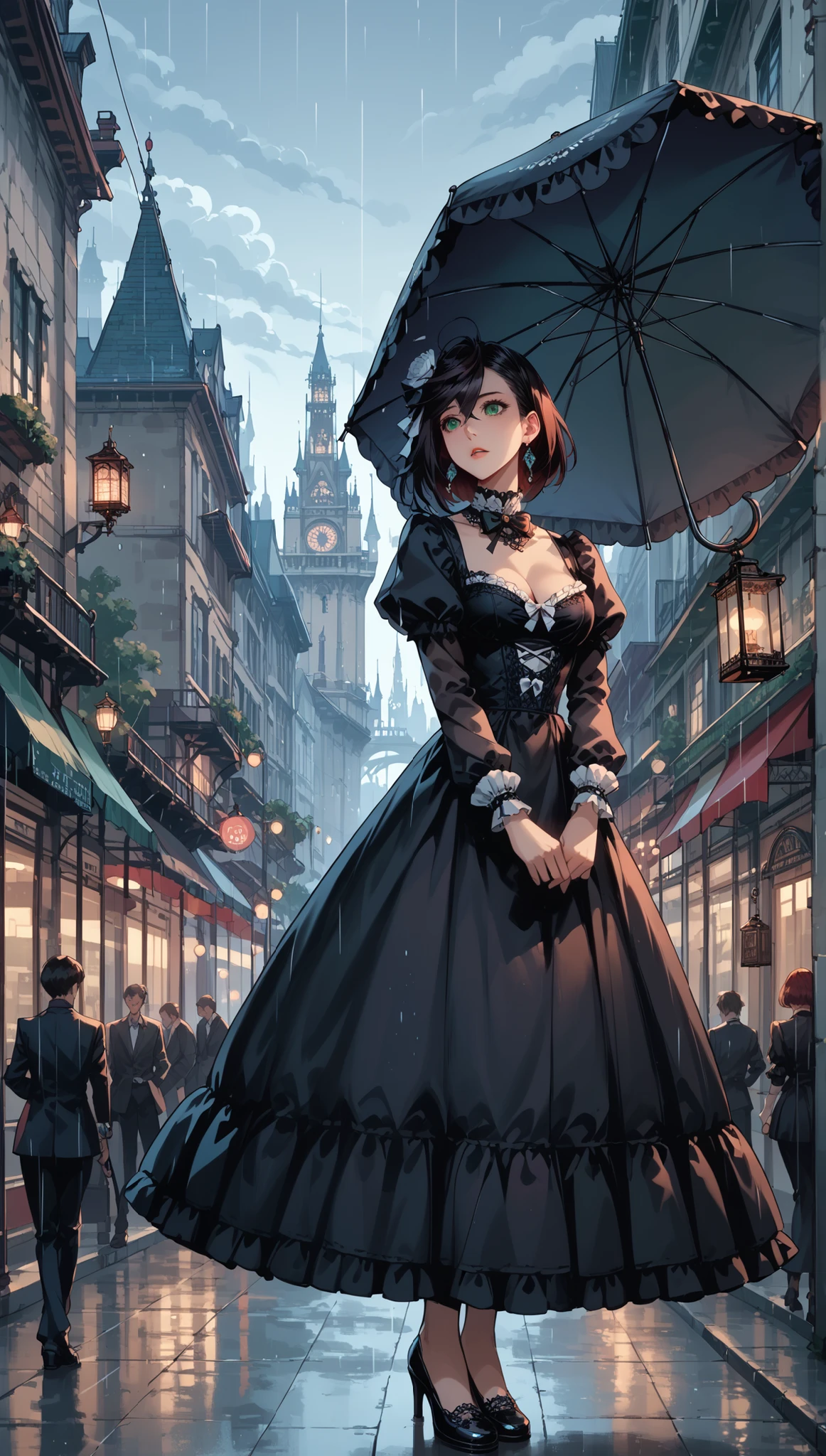 rape, Ayase Momo, 18 years old, red short hair, bangs, green eyes, delicately drawn hands, masterpieces, 1 girl, ((umbrella), (elegant umbrella), (princess dress), ((crinoline skirt)), bow on head, gothic style, medium breasts, cleavage, waist, gothic style, large skirt, cute, beautiful girl, lantern, puff sleeves, full skirt, full body, functional windbreaker, steampunk, background (gothic architecture, rain, gloomy sky, tower, cityscape), full-length front viewм