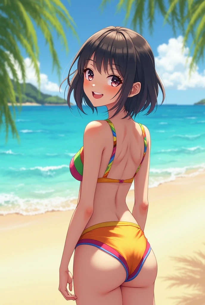 ((highest quality, masterpiece, High resolution)), ((reality)),Photos of beautiful Japanese women,((anime art))、 (((1 girl))), normal size breasts, slim body shape, medium short hair, double eyelid, Wet see-through micro bikini, A pareo with bold ethnic patterns and plenty of primary colors、(Brown skin:1.4),realistic skin、Wet,whole body,cinematic light、tropical、Against the background of palm trees on both sides、on a sunny beach、With the sea in the background、blur background、smile