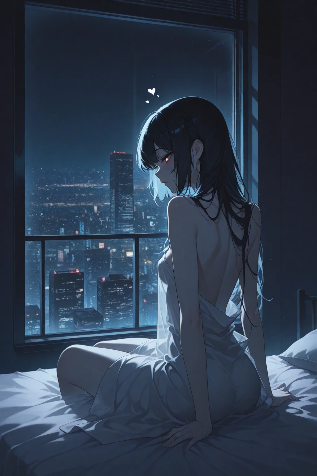 A woman wearing a bathrobe and headphones is sitting on a sofa、A beautiful night view behind、Big Breasts、sexy、Room with a night view、Moonlight、Unbuttoned、Downlight、full moon、Stylish room with fireplace、Black-rimmed glasses
