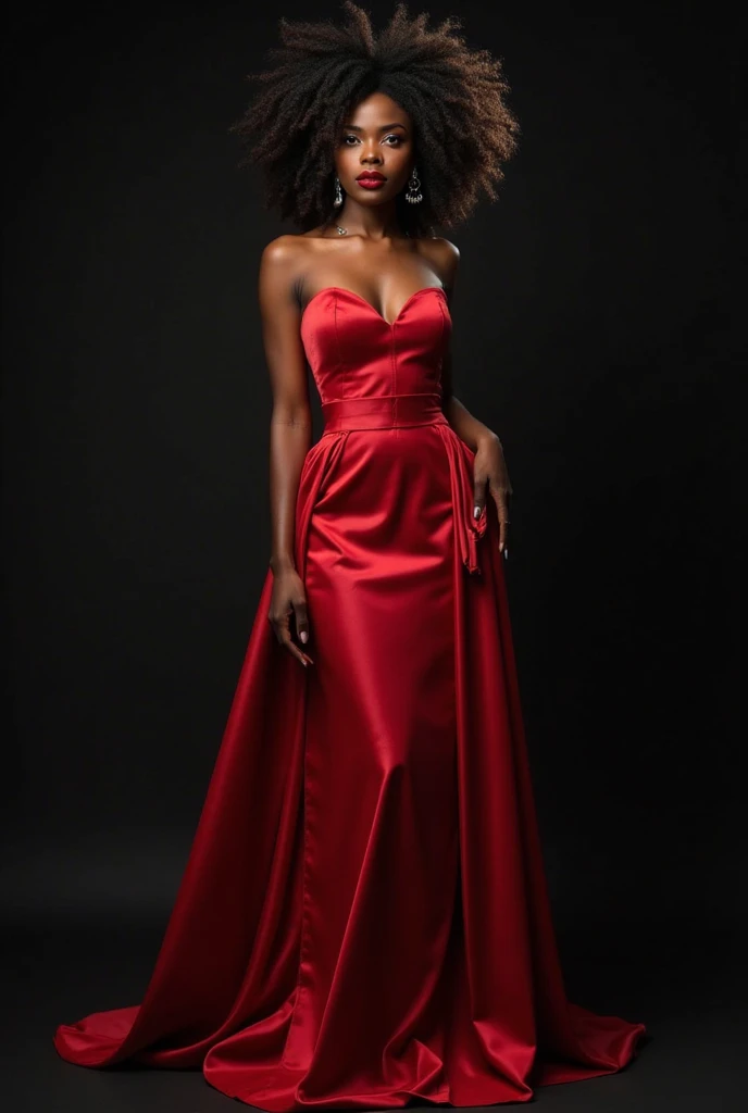 A stunning woman with amazing beauty and perfect proportions, full body nude. She has long, curly hair with defined, natural curls that frame her face. Her eyes are a bright, deep blue, contrasting with her intense black skin, similar to the tone of the inhabitants of Ethiopia.
She is posed standing gracefully, with one hand resting on her hip and the other slightly raised. She wears a form-fitting, red satin evening gown that hugs her curves and has a thigh-high slit. The gown's luxurious fabric shimmers under the light, enhancing the sensuality of her pose.
The image must be photorealistic, of maximum quality, with high resolution and extremely detailed details in 8K. The black background highlights her silhouette, creating an elegant and modern contrast that emphasizes the nuances of her appearance.