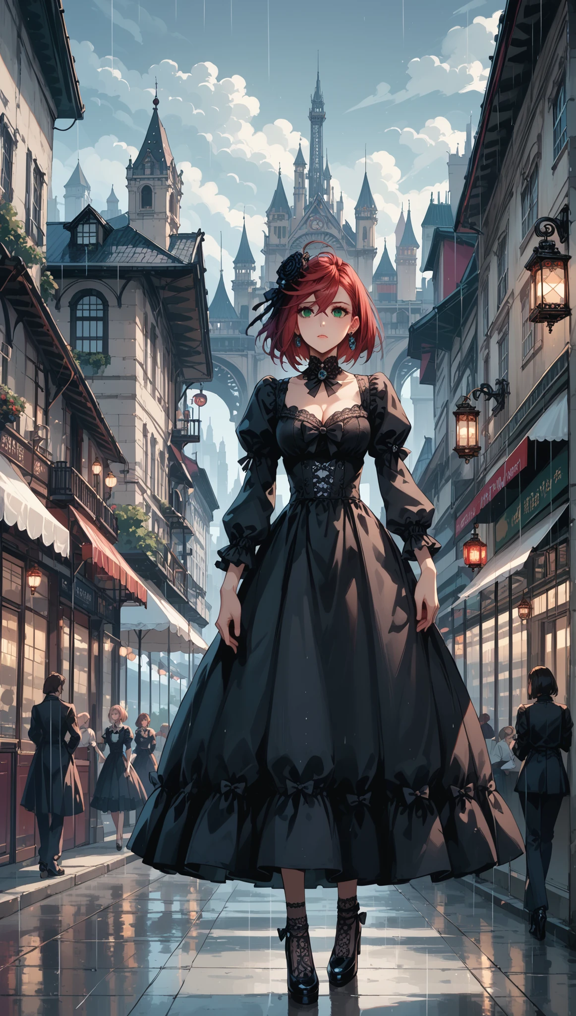 rape, Ayase Momo, 18 years old, red short hair, bangs, green eyes, delicately drawn hands, masterpieces, 1 girl, ((umbrella), (elegant umbrella), (princess dress), ((crinoline skirt)), bow on head, gothic style, medium breasts, cleavage, waist, gothic style, large skirt, cute, beautiful girl, lantern, puff sleeves, full skirt, full body, functional windbreaker, steampunk, background (gothic architecture, rain, gloomy sky, tower, cityscape), full-length front viewм