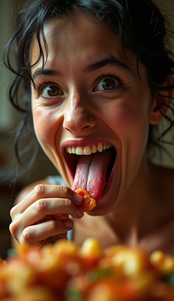 A hyper-realistic scene of a women at the kitchen table eating cereal, she shows the viewer the contents of her chewed up cereal (being playfully)、licking  viewer, 1 girl,lip,( saliva ), Staring  _in_ viewer,,tongue_outside,flap,length_tongue,thick lips, drool with passengers, Fisheye Lens ,close-up,Show your nostrils,Emphasise the nostrils,, mouth very wide,, A 30 years old gorgeous bbw black woman. (((Extreme zoom in of her mouth, close up, saliva stand falling from roof of mouth))) ((a playful expression on her face)) (((cereal, chewed up, in her mouth)))

