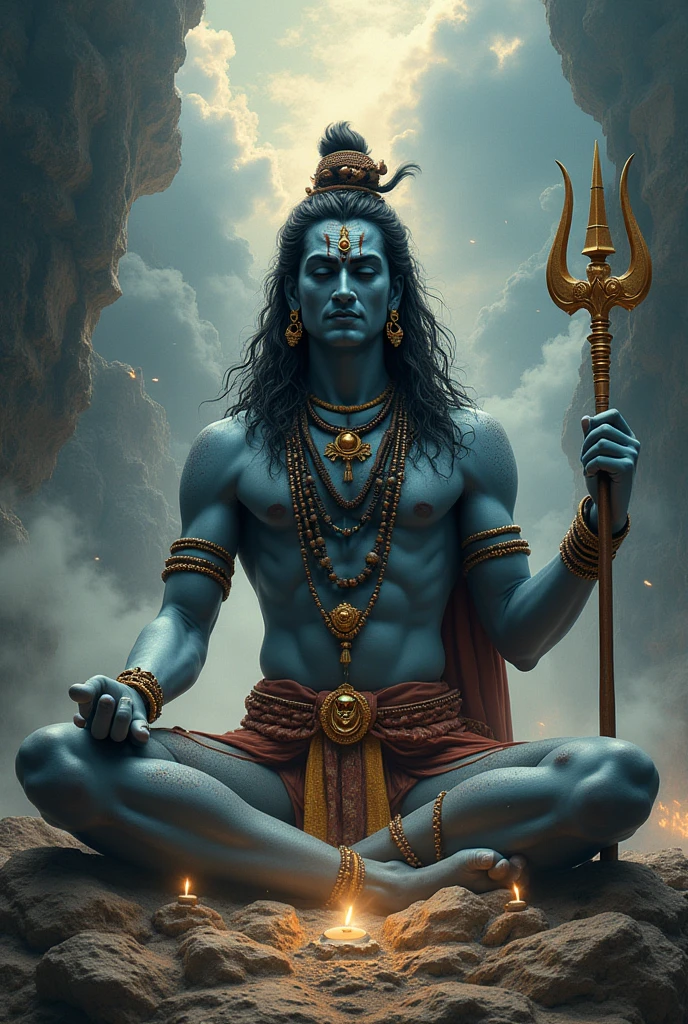 Lord shiva meditating in Himalayas with sky blue body color, trishul in hand