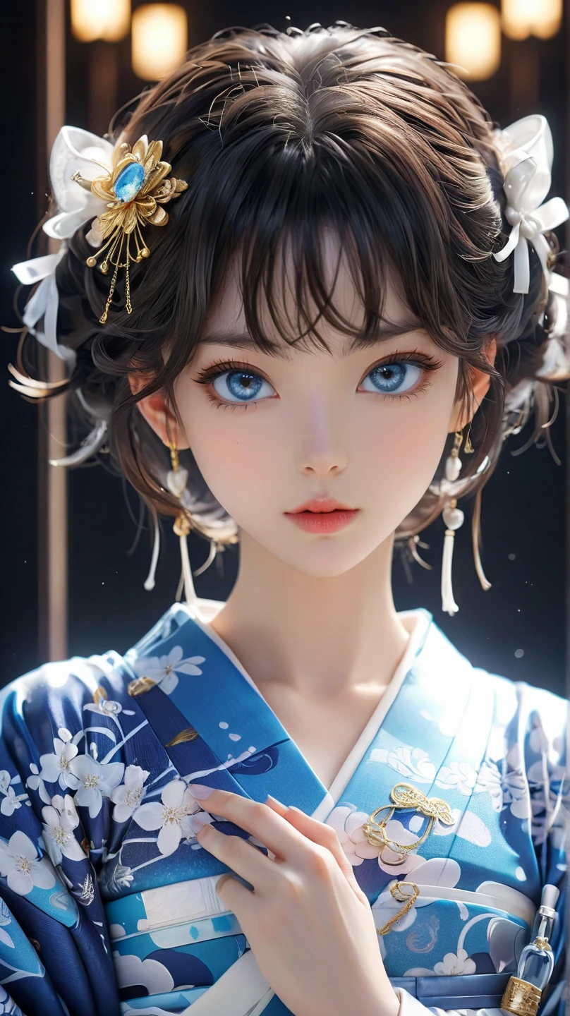 (​masterpiece)、(top-quality)、(Realistic)、Charming daughter、Portrait of a beautiful girl、1girl in、Beautiful clear eyes and detailed eyes、Glitter eyes、Shining Ace Perfect、Perfect eyes、Perfect iris、Perfect lips、perfect teeth、flawless skin、Beautiful nose、Beautiful mouth、beautiful lip skin、portrait shooting、Professional artwork、in 8K、Photorealsitic、luxurious embroidery kimono、Elegant face、perfect anatomia、Perfect female body:1.4、Ultra-realistic painting:1.4、Ultra-precision painting:1.4、nffsw:1.4、corporate offices、Raw photography、a necklace、耳环、magnifica、Breast size is F cup、finger is five