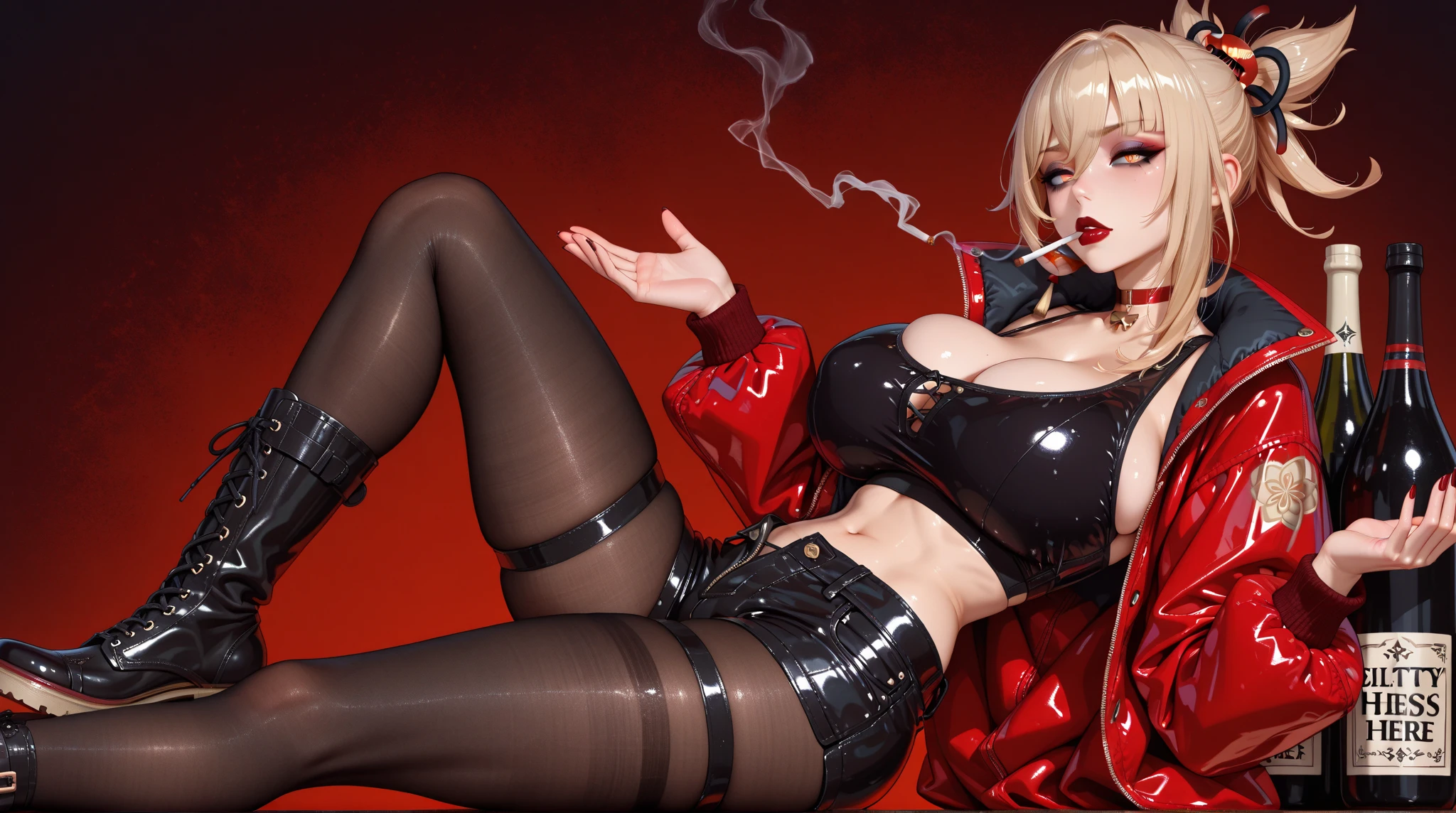 Best Quality,Shiny skin,1 female in her 40s,beautfull Japanease woman,Villain,(Full body), ((pink tattoo below navel)),silver blond,(femdom),Brown eyes,(large full breasts),Very big ass,(Chubby body type),(thighs thighs thighs thighs),((red and black high thigh boots )),(((Navel exposed))),(small red and black military hat),((Red and black corset)),Sitting,Spread legs,(Condescending eyes),from the front side,(prison),Night