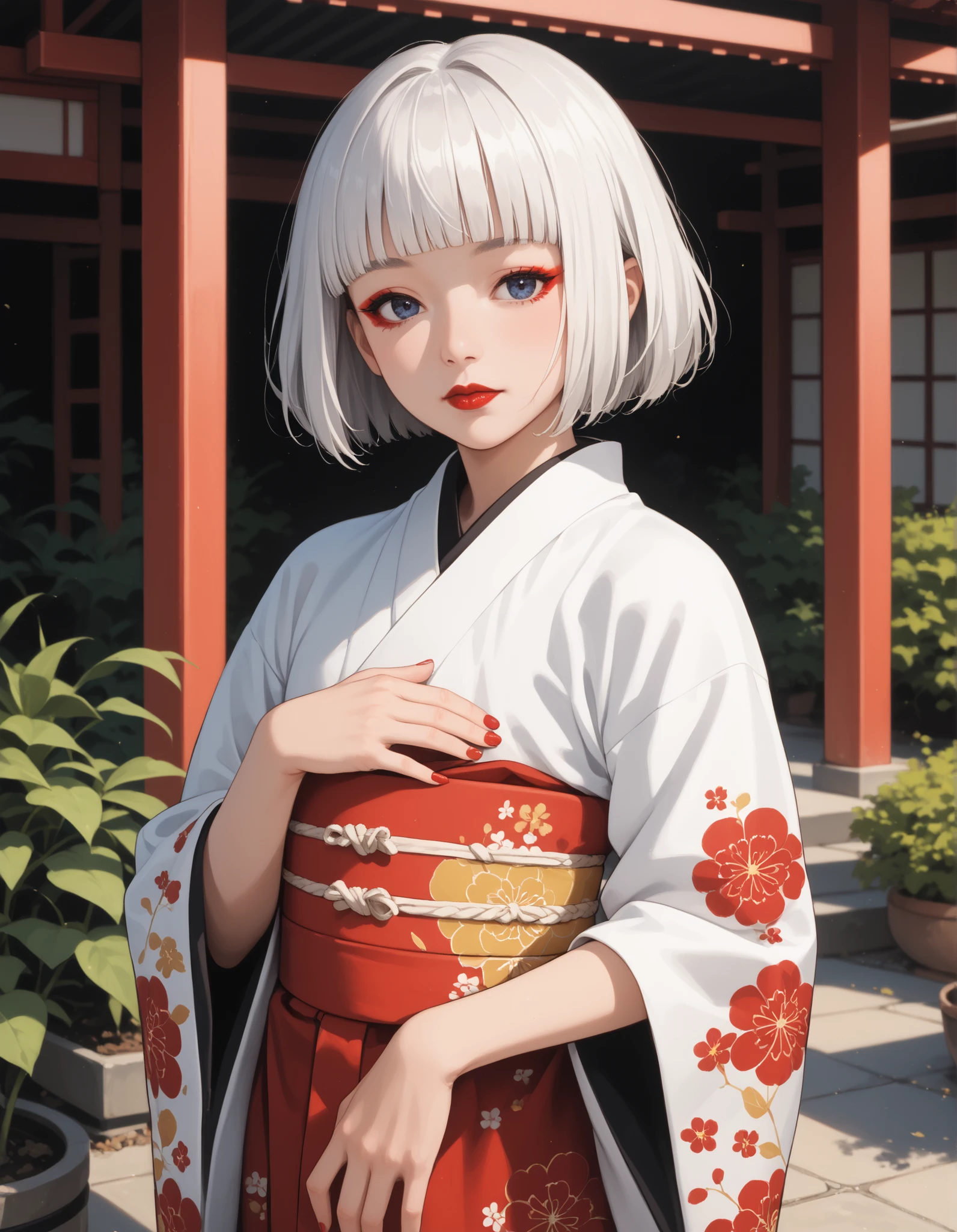 Score_9, score_8_up, score_7_up, score_6_up, source_anime, rating:general, 1girl, short white hair, feathered bob, blunt bangs, dark blue eyes, perfect face, pale white skin, white face foundation, red eyeliner, glossy red lips, flat chest, wearing a traditional floral kimono, slender build, slender legs, mature appearance, looks late twenties to early thirties, head tilted slightly, shy and reserved expression, standing in a traditional Japanese garden , hazy lighting, moody atmosphere, extremely detailed, sharp focus, highly detailed face, hyper-realistic shading, ultra-detailed, perfect anatomy, 8k resolution, vivid colours, masterpiece, perfect hands and fingers