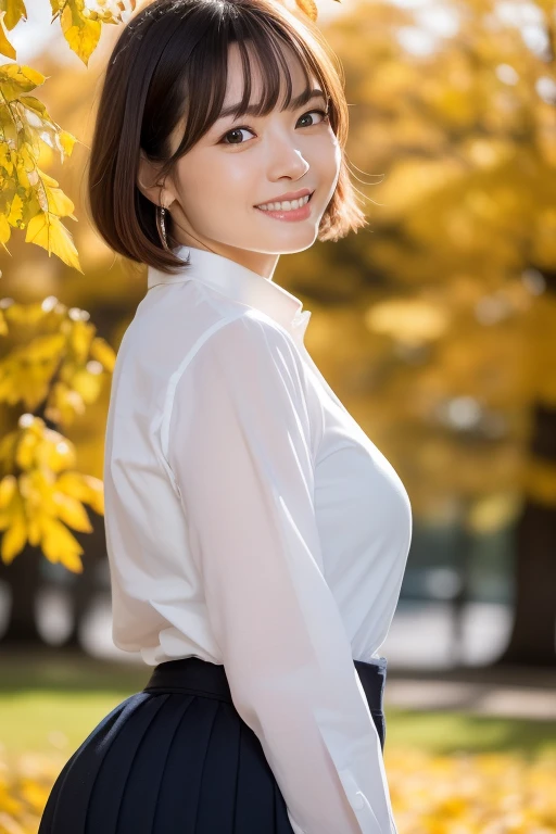 1girl,(wearing a thighhighs, white shirt:1.3),(RAW photo, best quality), (realistic, photo-realistic:1.4), masterpiece, an extremely delicate and beautiful, extremely detailed, 2k wallpaper, Amazing, finely detail, extremely detailed CG unity 8k wallpaper, ultra-detailed, highres, soft light, beautiful detailed girl, extremely detailed eyes and face, beautiful detailed nose, beautiful detailed eyes,cinematic lighting,city lights at night,autumn scenery,maple trees in autumn,at a park,perfect anatomy,slender,bokeh,body,smiling (very short and wavy and messy hairstyle),(dynamic angles)