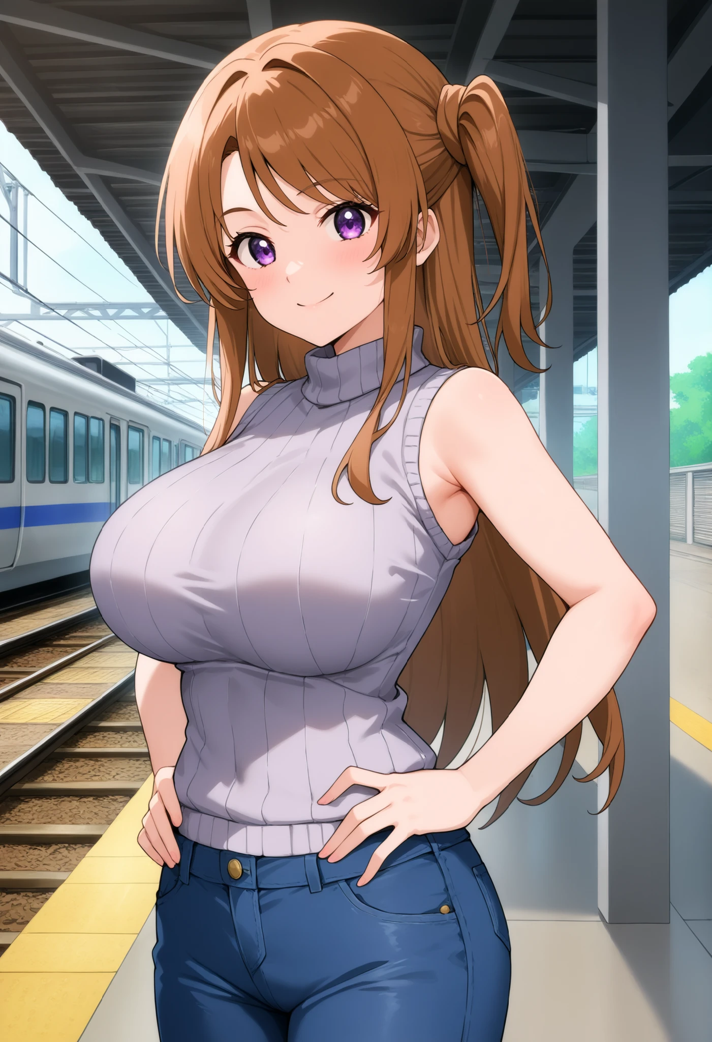 higurashikira, anime screencap, anime coloring, cowboy shot,
1girl, solo, tall female, toned female, brown hair, long hair, one side up, swept bangs, long sidelocks, purple eyes, huge breasts,
sleeveless grey sweater, navy jeans,
looking at viewer, smile, hands on hips, standing,
outdoors, train station, morning,
(masterpiece, best quality, absurdres, highres, newest, very awa, year 2024:1.2)