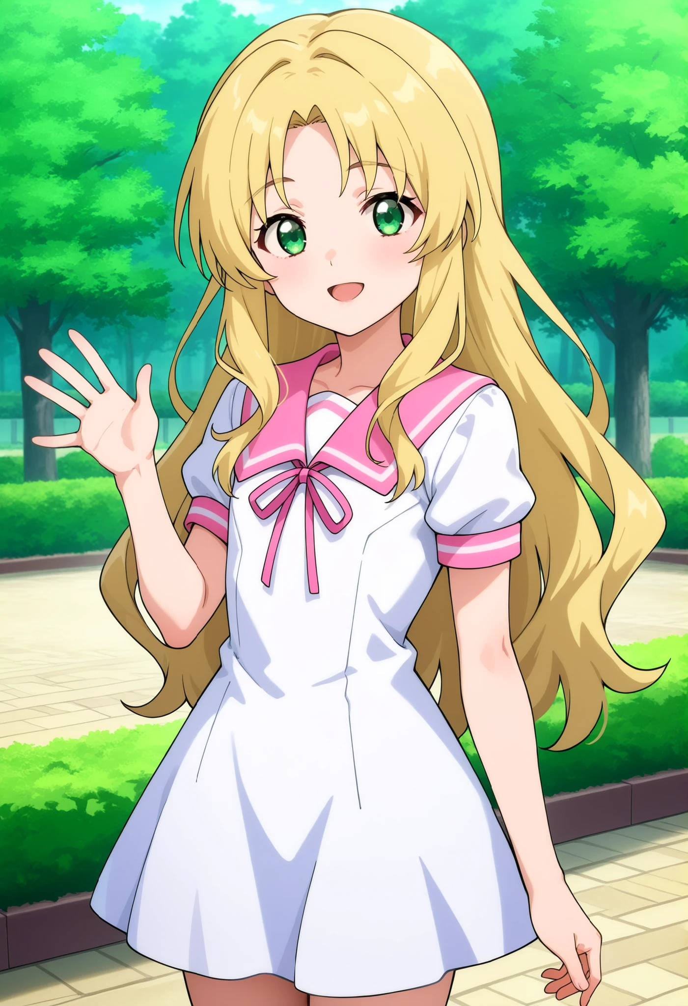 higurashikira, anime screencap, anime coloring, cowboy shot, 
1girl, solo, short female, toned female, beige blonde hair, long hair, layered hair, parted bangs, medium sidelocks, green eyes, flat chest, 
white short sleeves dress, pink sailor collar, pink neck ribbon, toned arms, 
looking at viewer, light smile, open mouth, waving, standing, 
outdoors, park, noon, 
(masterpiece, best quality, absurdres, highres, newest, very awa, year 2024:1.2)