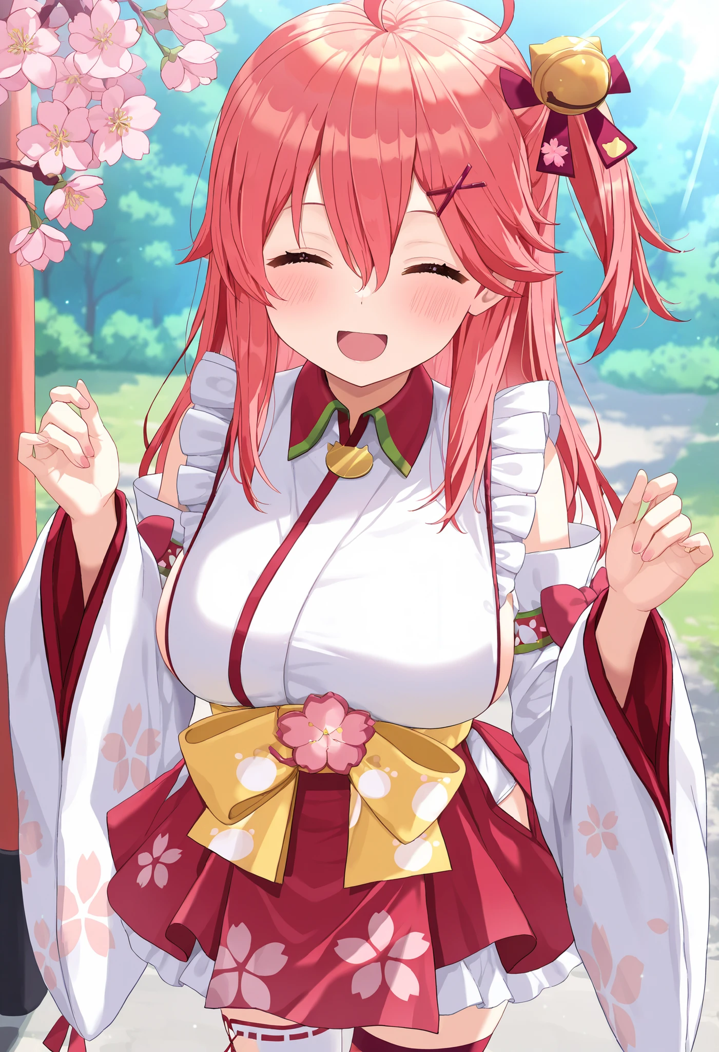 masterpiece, best quality, highres, miko1, sakura_miko, young_1teen_girl, large_breasts, solo, ahoge, x_hair_ornament, light_red_hair,blush, floral print, hairclip,(side_less_clothes:1.5), side_breasts, hair_bell, floral print, long_hair, hair between eyes, one side up, white thighhighs, asymmetrical legwear, wide sleeves, open_small_mouth,happy,closed_eyes,big_smile,(overly_long_sleeves:1.3),),sleeves_past_wrists,hands_hidden_sleeves,sidelock_clothes,solo,hidden_wrists,sunlight,cherryblossom_temple_landscape_background,rise_arms,raise_arms,dynamic_standing ,EyeDetailerXL,sunlight,,looking_viewer,raise_knee,