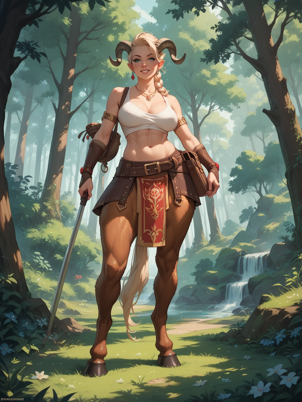 A faun красивая woman in the forest, Satyr, woman, fantasy(masterpiece, Best quality, Photorealistic, detailed shiny skin:1.2), irreproachable, 8 k, RAW, A high resolution, (dark night:1.1), goat legs, Fur legs, ungulate, Goat Horns, Big breasts, erect nipples, Long black hair, I look at the viewer, cinematic, dark background, medieval, Muscles, Откройте CHES5, fantasy, (absurd), long light hair, golden eyes, open chest, (((woman)))