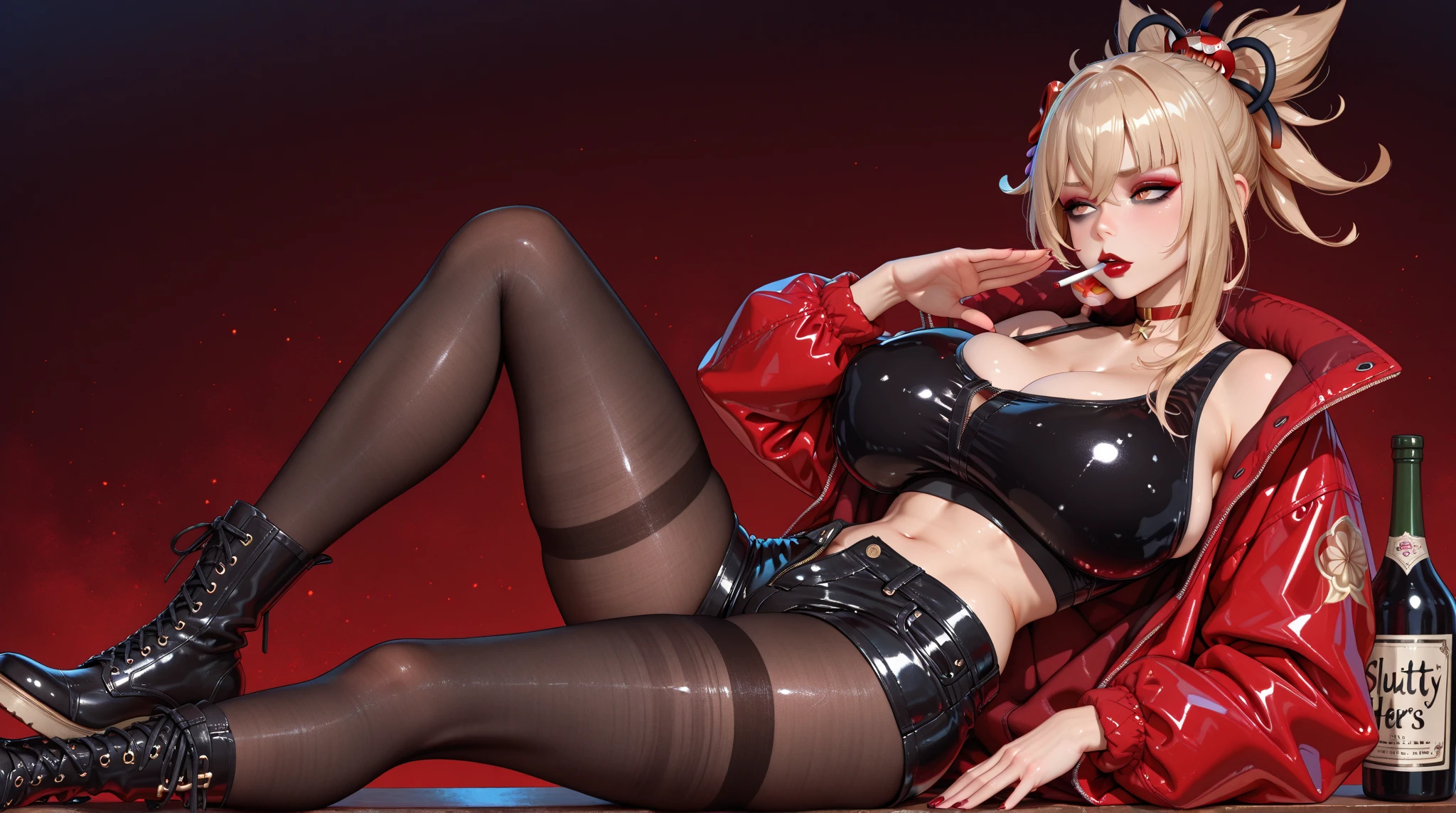 (full_body)、Woman、red_background、(big_breasts:1.5)、Detailed、POP、vivid、pose:1.2、Open chest、idol