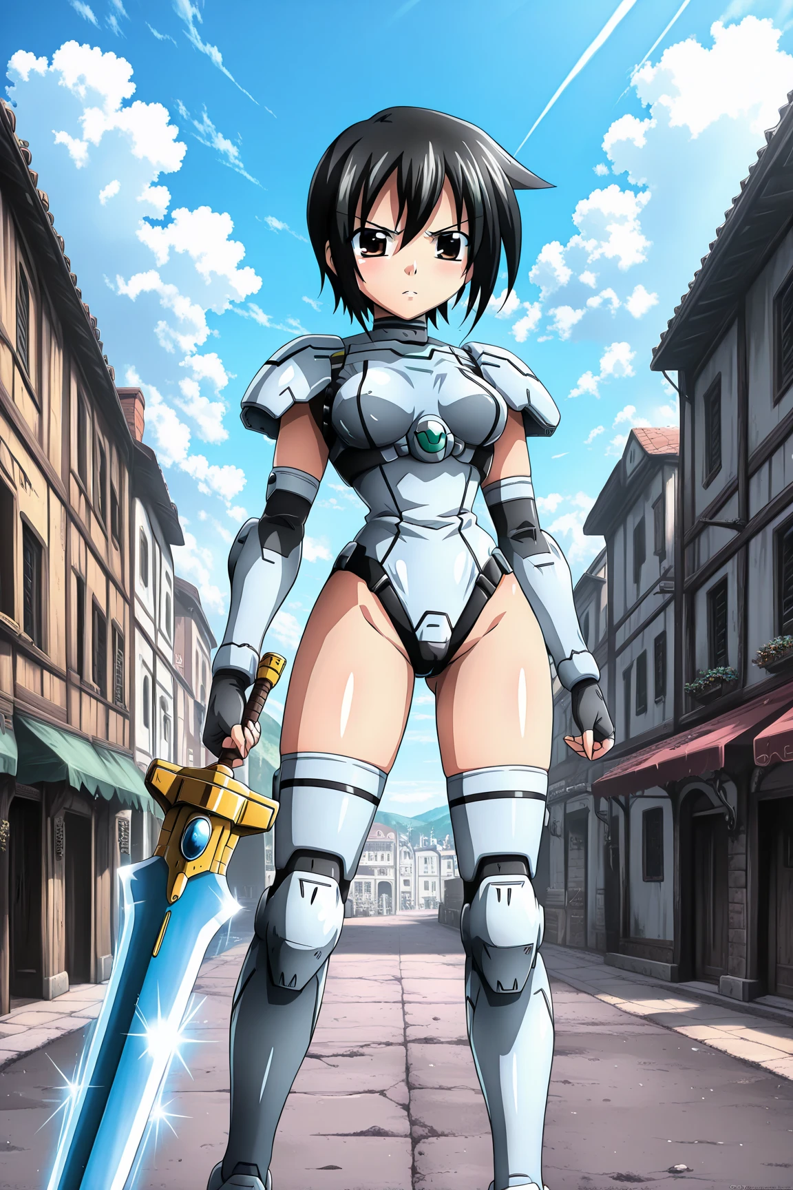 "(masterpiece:1.1), best quality, (NSFW:1.1), 
1girl, (80s anime style:1.3), (eyelashes:1.5), (loli:1.2), 
(intricate high detailed body:1.2), 
blue hair, 
(blunt bangs:1.1), (twintails, drill hair:1.2), (hair ribbon:1.2), 
red eyes, (thick eyebrows:1.1), 
(muscular body:1.1), (medium breasts:1.1), 
(happy, smile:1.2), open mouth, 
(lace leotard armor:1.2), (pantyhose:1.2), 
(knight armor, armored boots:1.2), (belts:1.1), (accessories:1.1), long gloves, 
standing, claw pose, 
(upper body, cowboy shot, looking at viewer, from front:1.1),
(daytime, grassland, outdoors:1.1)"