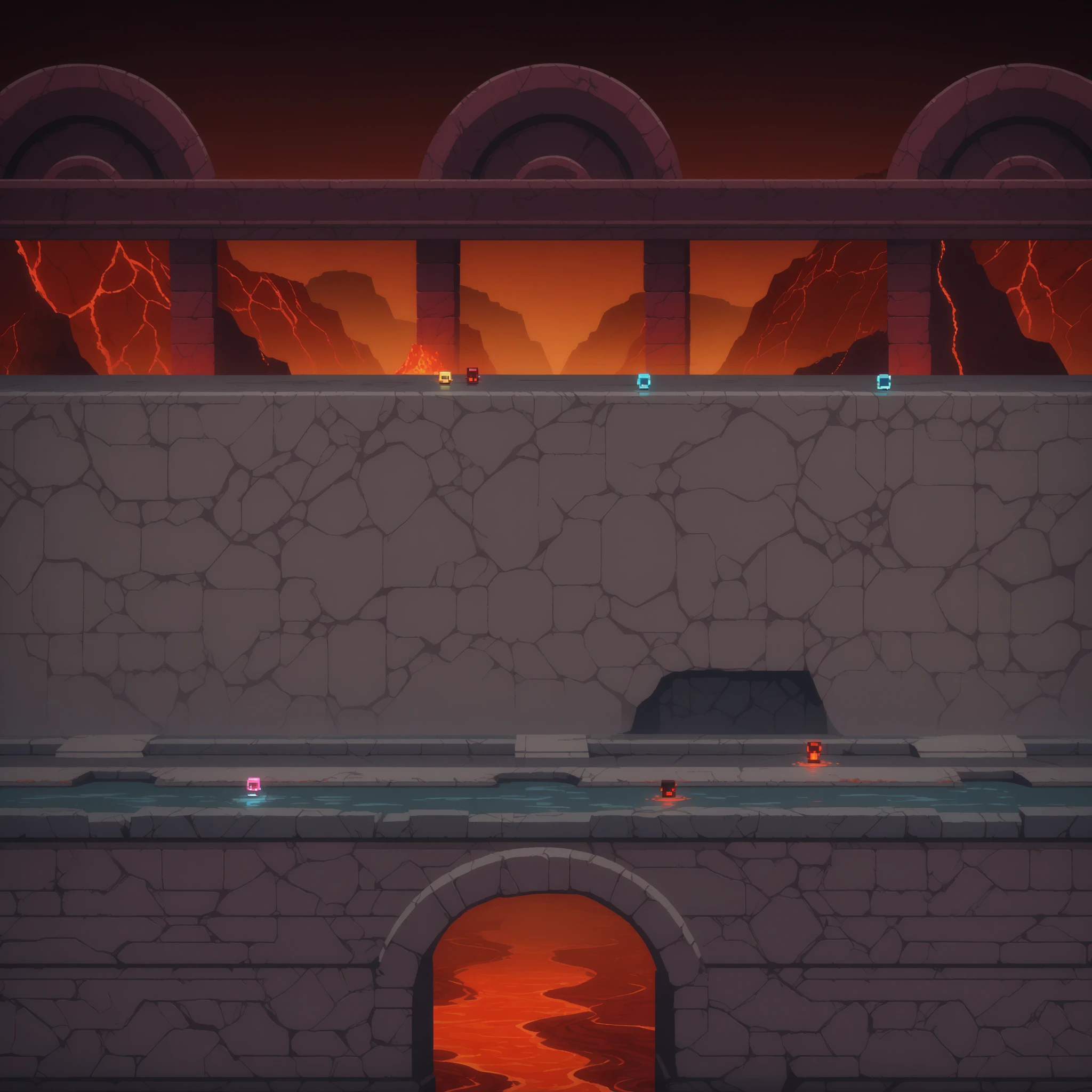 top view, retro video game style,vibrant pastel colors,8-bit characters,blocky shapes,sharp lines,detailed shading,classic gaming vibe,nostalgic atmosphere,classic arcade games,masterpiece:1.2,ultra-detailed,illustration style, 2d texture, arafed red and white abstract painting of a waterfall, red lava rivers, red glowing streams of lava, bloody river in hell, red narrow lava rivers, red fluid, background of a lava river, glowing red veins, red glowing veins, turbulent blood lake, flowing lava, lava rivers, streams of glowing hot lava, rivers of blood, lava river, red veins