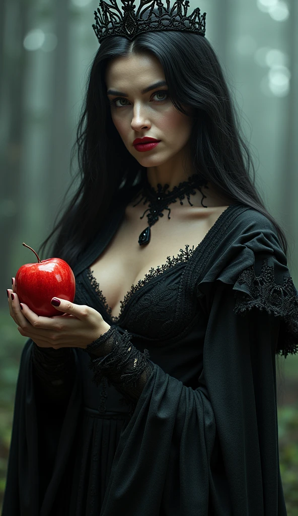 It is dawn and in a dark forest a beautiful hot milf brunette witch with very large and appetizing breasts and a guitar-style body, exudes voluptuousness, temptation and pleasure, wearing a beautiful, sensual, elegant and transparent black dress that resembles a babydoll, the red color of a lipstick gives it even more sensuality, her legs are beautiful and shapely and she wears vinyl boots that wrap her feet up to the knees, she is outside a house that seems to have come from a fairy tale, in the hands of the witch is a beautiful and juicy apple, but this is not a story of Snow White, in fact the witch is there to seduce someone, she will use all her knowledge in the Art of Seduction, after all she is there to satisfy all her debauchery with someone who lives in that house, pleasure, voluptuousness, debauchery and fulfillment of the wildest desires will dominate the night. Full body photography, ultra realistic photography, cinematic lighting, hyper quality, long black hair,Black Queen,Accessories,apple in hand,poisonous apples,Witch Queen,red lipstick