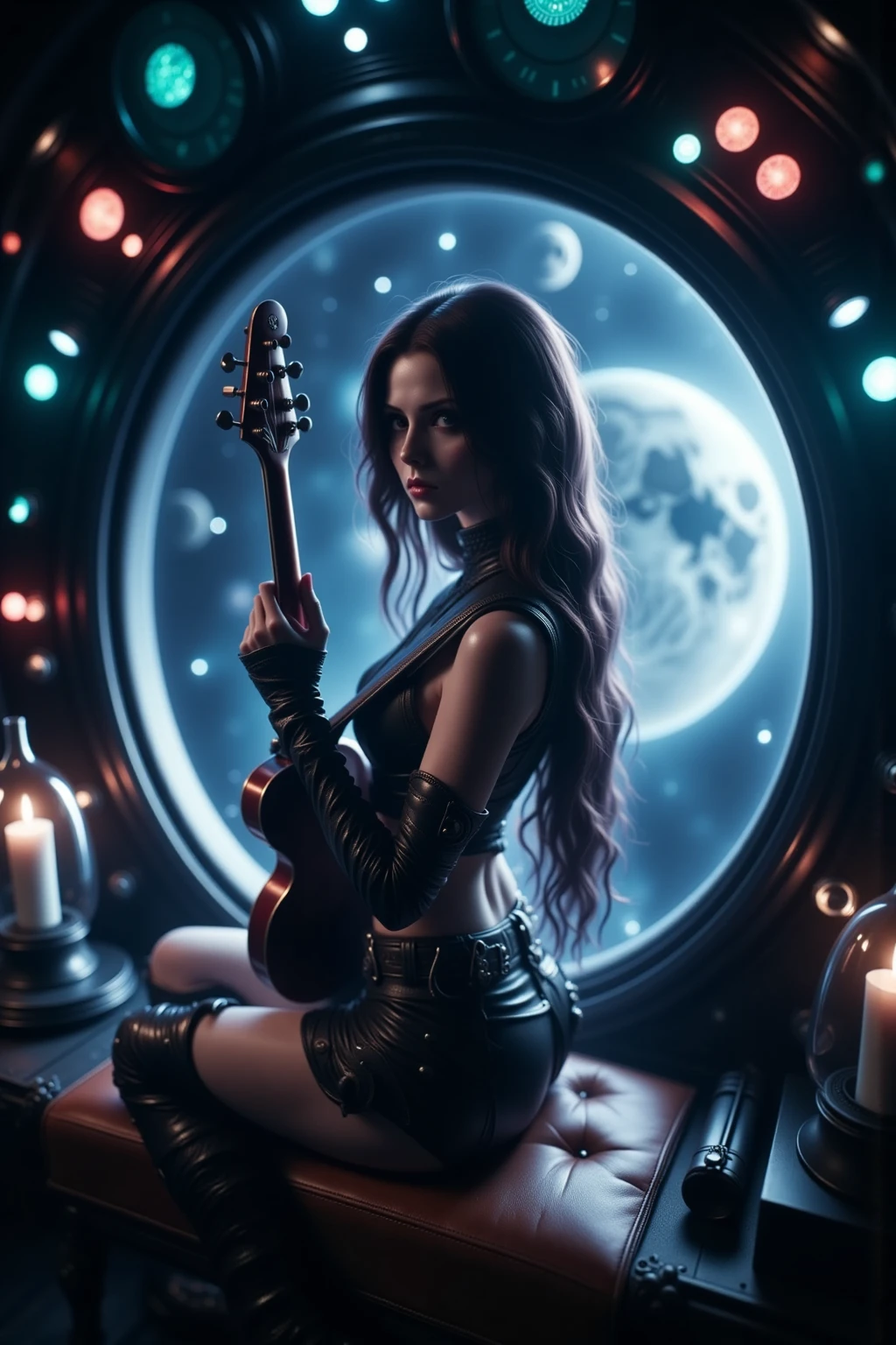 Inside a spaceship with an elegant galaxy view, A scene where a woman wearing a cyberpunk style costume plays a guitar in a nice pose, high quality, Masterpiece, extremely fine, Realistic, photo-like rendering, high detail, HDR, Studio lighting, Extremely Detailed Illustration, sharp focus, vibrant color, Bokeh effect