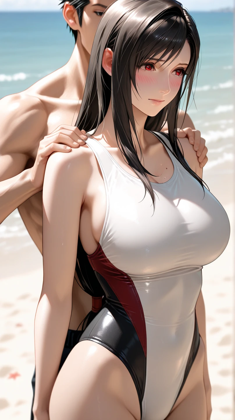(masutepiece, Digital Art, Digital Illustration, 4K, 8K, Ultra-detailed, beautiful image, Sharp Image, Photorealistic, Raw photo, Perfect face, Perfect lines, Perfect eyes, Soft lighting) ,1 woman, (Long Black Hair,straight haired,Bullish gaze,Beautie,ellegance,Solid makeup,23 y-o woman,small tits:1.3),Two handsome men in swimsuits, (ember,well-muscled,Firm shoulder width,Adult male,Boyish hairstyle,English gentlemanly style,Man in his 30s with a cool expression,28-year-old man with bright smile:1.2),Show white teeth and smile(embarrassed from,Shy smile:1.1),Enoshima Coast,Beach,blue open sky,clouds,sand beach,swim wears,innocent smiles,Looking at the camera,Dating,sea bathing,Laugh、couple kissing、kiss、the kiss、Romance、Kissing、ssex、have sex、Wet pubic area、insert 、Rape、Overflowing、Full body painting,(One Girl And One Man,Having sex:1.5),(ember,Adult male,Rubbing the girl's boobs:1.2),Cheek dyeing、gasping face、embarrassed、boredom、begging、Unhappy、Greedy expression,Wet pubic area、 xen、Open your crotch wide、