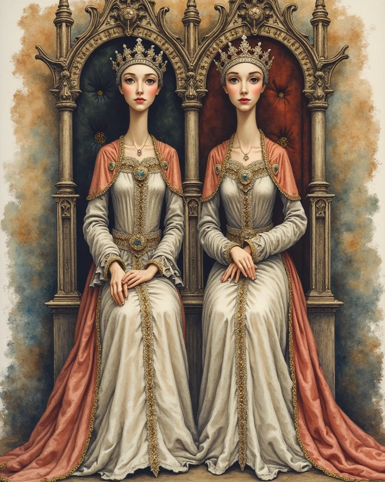 (((Gothic art style watercolor illustration by Gustave Moreau:1.3))). Sitting on the solemn thrones. Beautiful, solemn and neat twin sisters. Virgin queens. Medieval queens. Diamond crown, formal dress. (((Looking viewer gently, blushing face, archaic smile))).