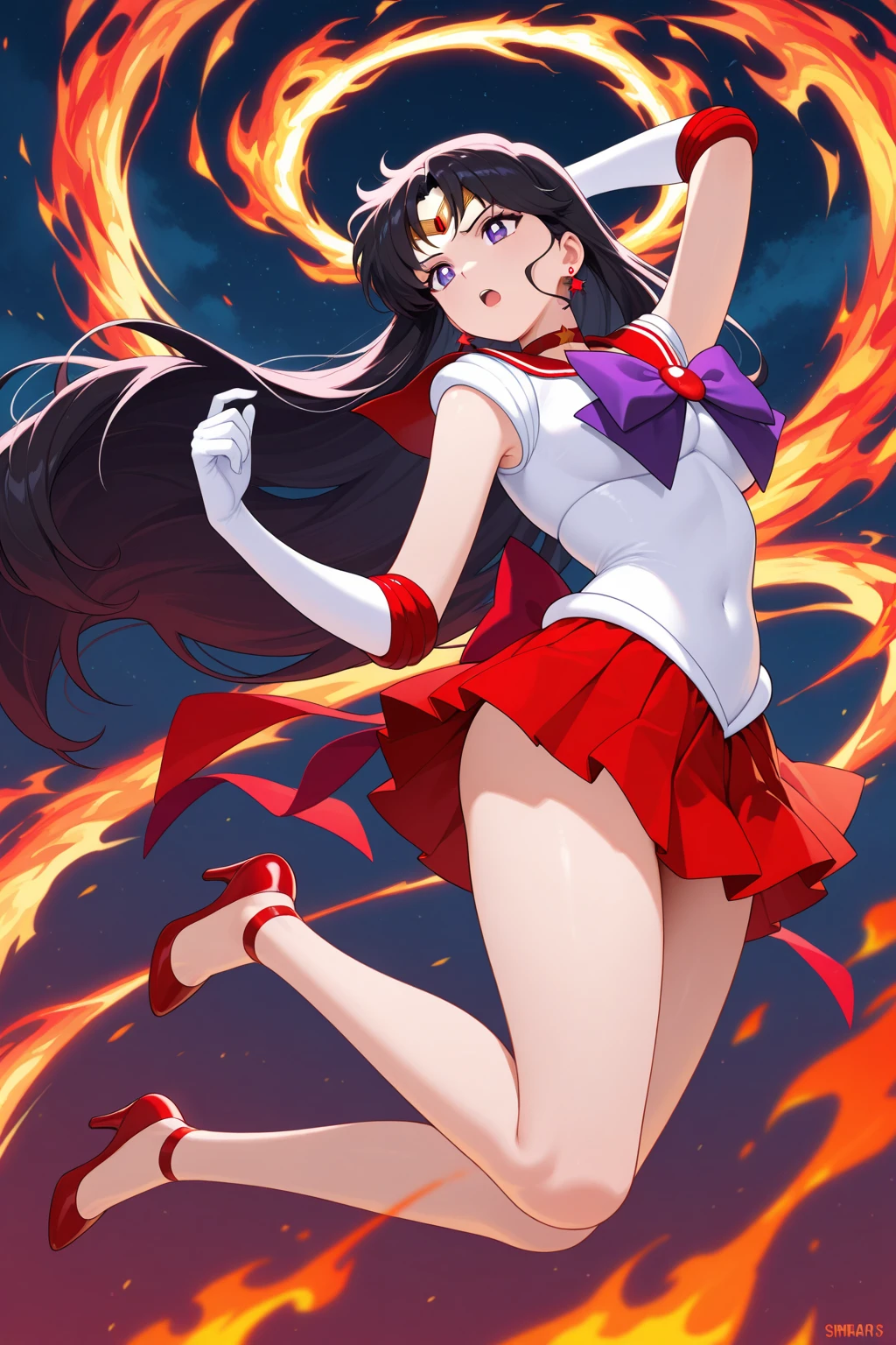top-quality、​masterpiece、Anime Boy、Cool boys、Junior high school boys、Rei Hino、gender change、Sailor Mars、gender change(Girls to boys)、rating:safe、Sailor Senshi Uniform、Red sailor collar、Blue bow tie、solo、Boy with very long black hair、a red skirt、Magical Boy、skirt、white glove、elbowgloves、Flames around him、red_background、White leotard、highleg leotard、robe blanche、Boy with Purple Eyes、jewelry、Star earrings、a miniskirt、pleatedskirt、open_mouth、Bare shoulders、bare legs、back_bow、Explosive flames around him、heart_hands、circlet、Muscular men、blush、bow、fire、burning、Anime boy standing、smile、looking_at_viewer、pose、lipsticks、Boy with makeup、blue_bow、(1990's\(styles\):0.9)、hight resolution、