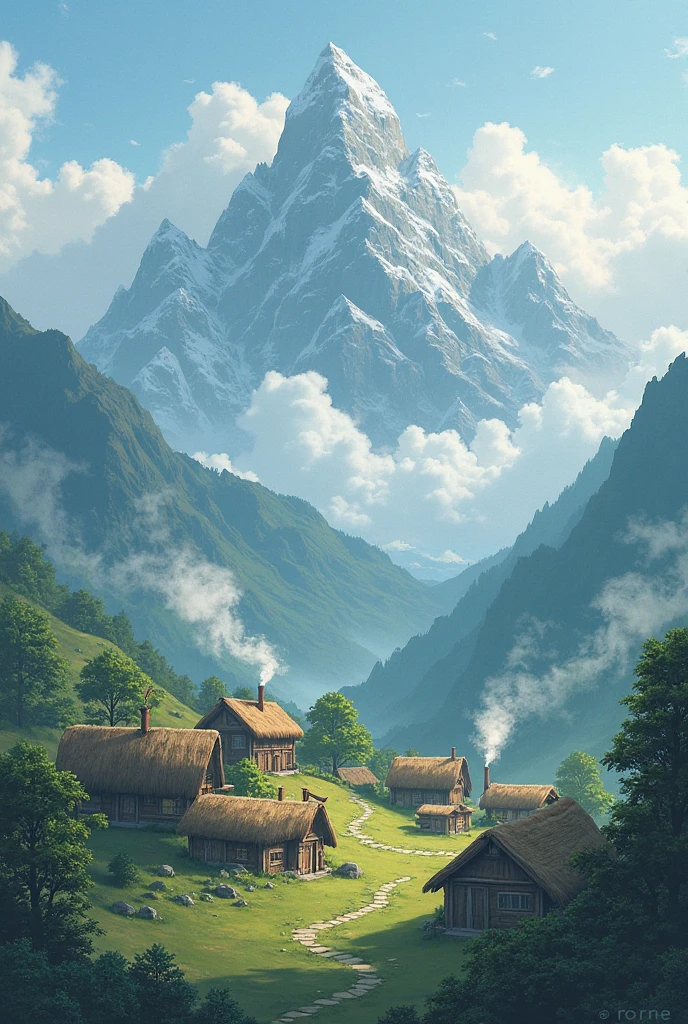 A village of small huts surrounded by mountains covered with clouds ...