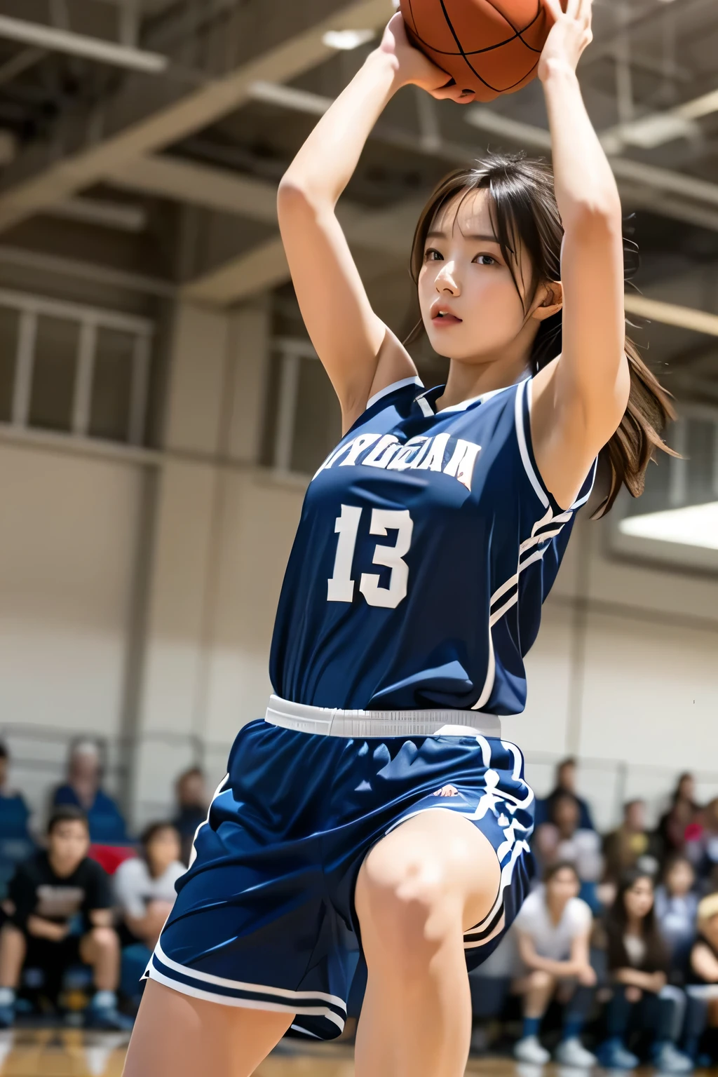 masterpiece, Highest Quality, super detail, high image quality, realistic,A few high school girls playing basketball, (DYNAMIC POSE:1.2), (Dribble with one hand) , (basketball uniform), mature women who are rebellious to me, (light brown hair) bungs, Determined Expression, (masterpieceを目指す天使:1.2) Delicate Pictures , Super Detail, (big gym) , (A few high school girls playing basketball at the big tournament) , (large audience) , Dynamic angle , shot from below , Volume Lighting, ultra-realistic , professional level , Very Detailed Description , anatomically accurate , Brilliant Colors