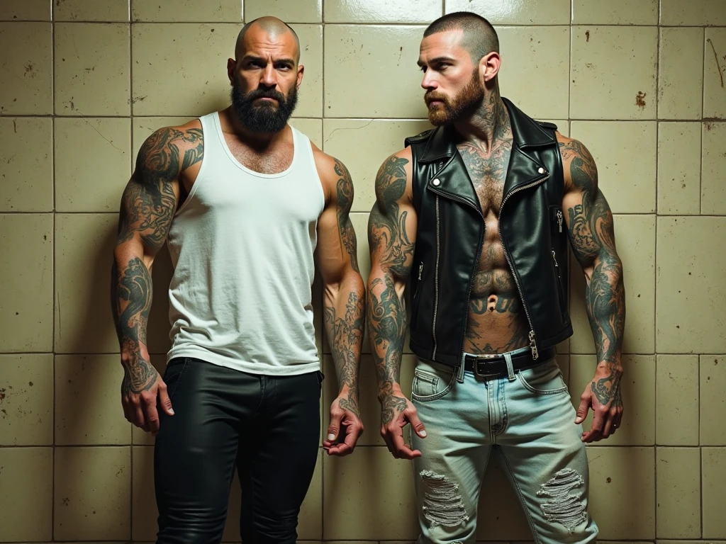 Body builder bald white men wearing unbuttoned black double pocket check shirt and black leather jacket at park with friend