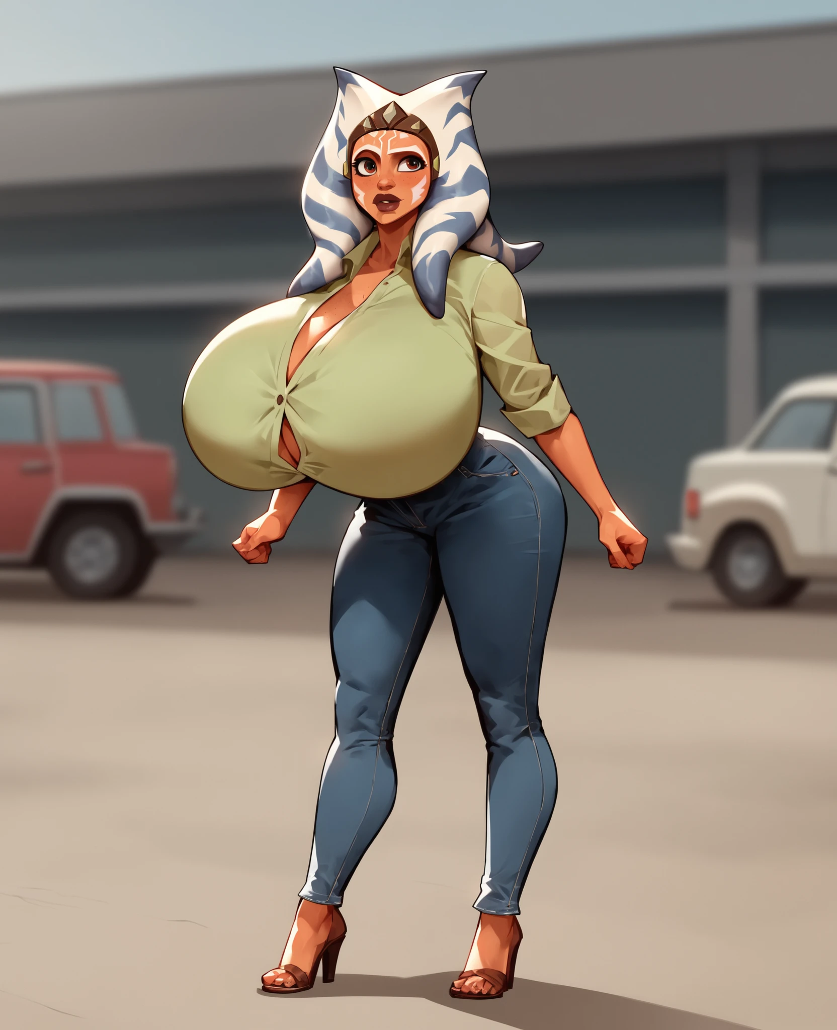 Anime art, a woman, red hair, brown eyes, curly hair, freckles on both cheeks, full lips, sympathetic look, fair skin, green dress shirt, black jeans, small construction, gigantic breasts (cinematic film still ahsoka tano raised eyebrow at isle of whispers, full body shot  . shallow depth of field, vignette, highly detailed, high budget Hollywood movie by ryan coogler, bokeh, cinemascope, moody, epic, gorgeous, film grain, grainy)