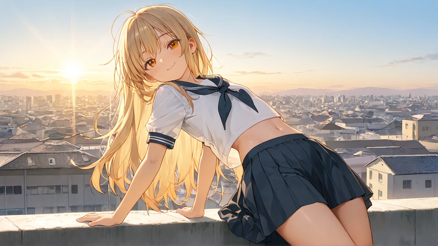 masterpiece, best quality, very aesthetic, absurdres, 1girl, beautiful face, light smile, small eyes, asymmetrical bangs, honey blonde hair, low twintails hair, straight hair, small breast, white shirts, mini skirt, rooftop, strong wind, panties, anime artwork, highly detailed, cowboy shot, looking at viewer, from below