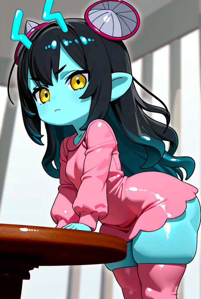 Ralph Bakshi Style, Curvy blue eyed girl with long wavy black hair and small breasts, sneering, futanari, (flaccid penis)