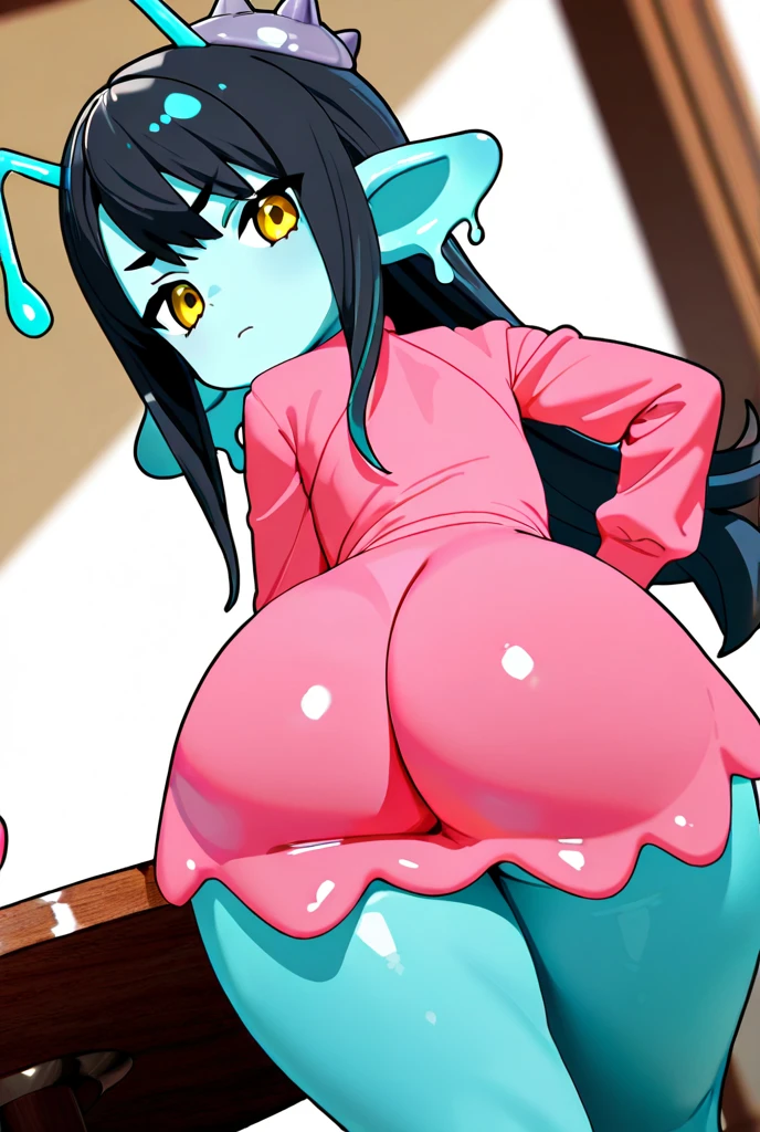 (My little pony), anthro, ((turquoise to white hair gradient)), white body, red eyes, medium breasts, red lips, perfect lines, beautiful quality, room, ((very shy pose)), ((red mage costume)), mage hat, radiant light, black stockings, black panties under clothes, big ass, front view, black bra under clothes, ((showing butt)), ((violates blowjob)), cum on face, on knees, panties down, ((violates anal sex))