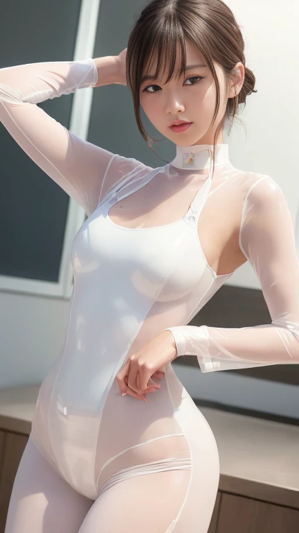 (lifelike, high - resolution:1.3),full body , 1 girl with a perfect body, Super fine face and eyes,slong hair, midriff of white colors:1.2, silver shiny leggings,face veil, big boob,Expose cleavage, ninja pose, satin gloves.
