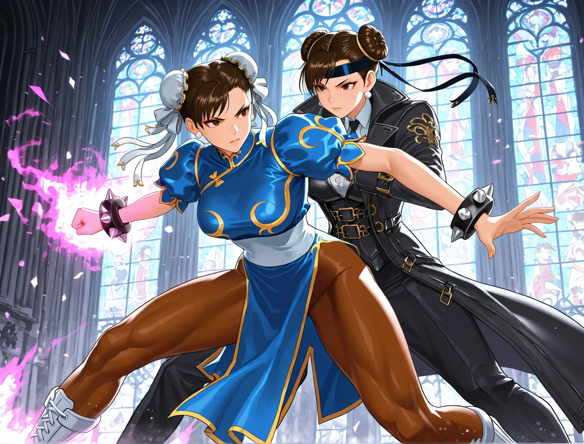 Chun-Li and Kyo Kusanagi locked in an intense anime-style battle inside a grand gothic cathedral with towering stained-glass windows glowing from behind. Chun-Li is on the left, low to the ground in an agile, aggressive stance, legs spread, leaning forward with one arm extended and the other pulled back, glowing purple energy swirling around her spiked bracelets. Her classic blue qipao is flowing, and her eyes are focused and fierce. On the right, Kyo Kusanagi is charging forward with a flaming punch, coat flaring behind him, hair and headband blown by the force. Both characters are caught in mid-action, facing each other, with dynamic lighting, vibrant colors, motion blur, and shards of stained glass flying through the air. The camera is angled low, enhancing the drama and energy, in full color epic anime style with cinematic composition."