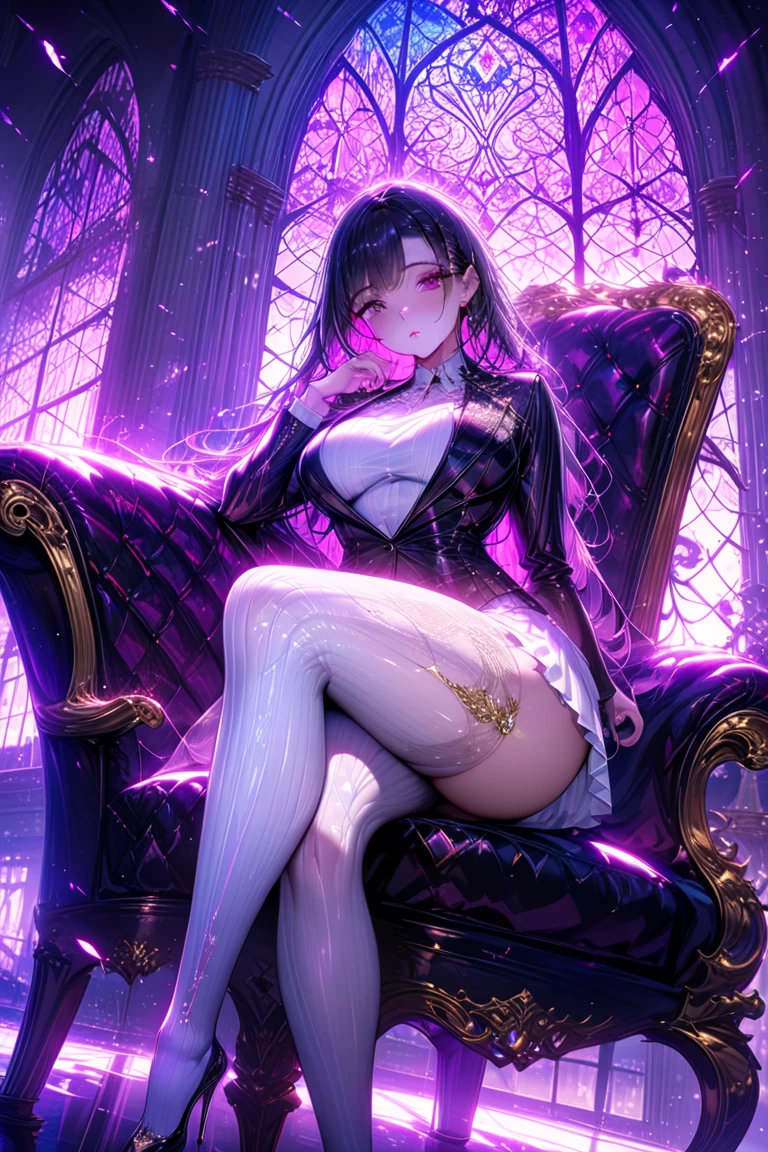 Hatsune Miku, Beautiful woman sitting on the sofa in the living room, legs crossed looking down, Black pantyhose, light and shadow, inematographic, tie up, original action reference image, one person, Skirt wrapped around the hip, Bigtits, golden ratio, skirt black leather, side position, body angle 90 degrees, black high heels, high heels, full body, A MILF, colorful, multi colored, artistic portrait of a woman、dark purple hair、long hair、Underneath、demon wings, FALLEN ANGEL, Yami Eye, devilish, Cosmos, Heart logo, red blush, licking fingers, Put finger in mouth,