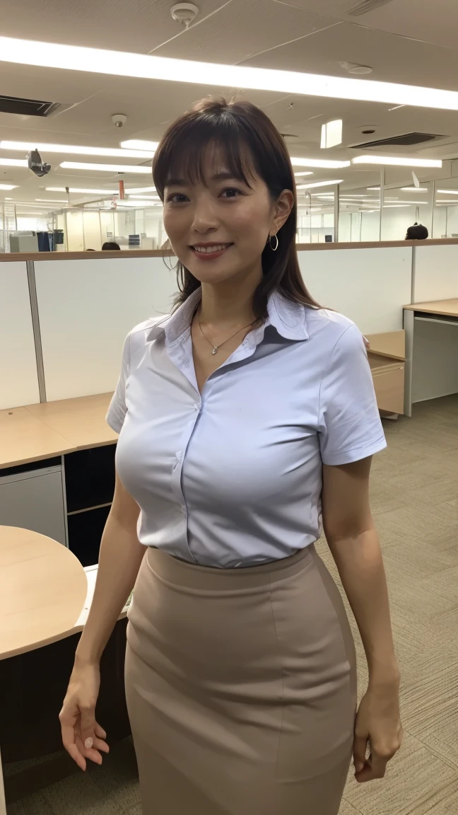 High resolution, High resolution, Attention to detail, masterpiece, Rough skin, Anatomically correct, sharp,
((In the company office))、((Inside the office))、
((Japanese Mature, 50 years old)), alone, ((Facial wrinkles)), Shapely large breasts, Random Hairstyles, Chubby body type,
(((Accentuate your butt))) ,White blouse with collar、Grey Thai skirt、Big Ass、landscape,A gentle smile、Captivating Gaze、A gaze that seduces viewers、