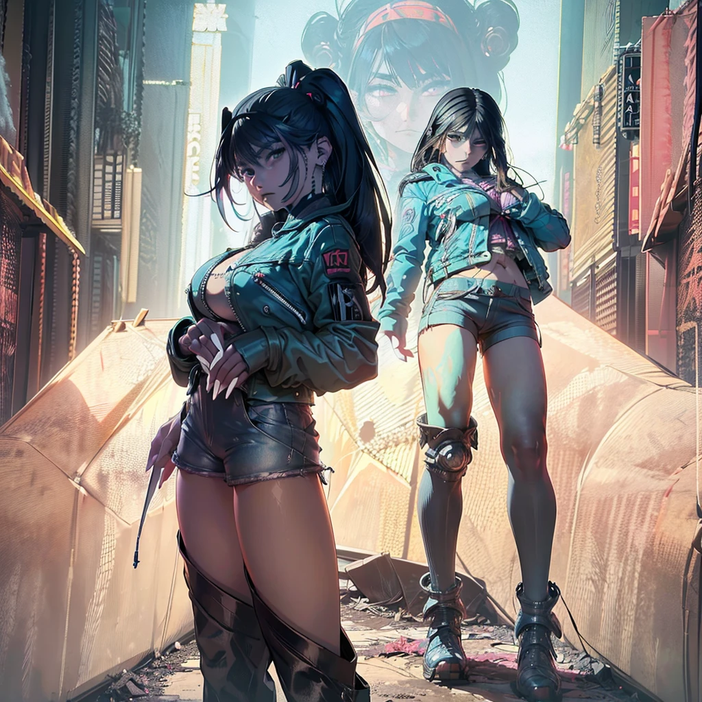two humanoid teenage tribesman, with piercings tattoos and body paint, feathers and long hair, i, aboard a dirty and mucky bus in a cold cyberpunk city, farting with no pants,, wide-shot full body, illustration style enki bilal