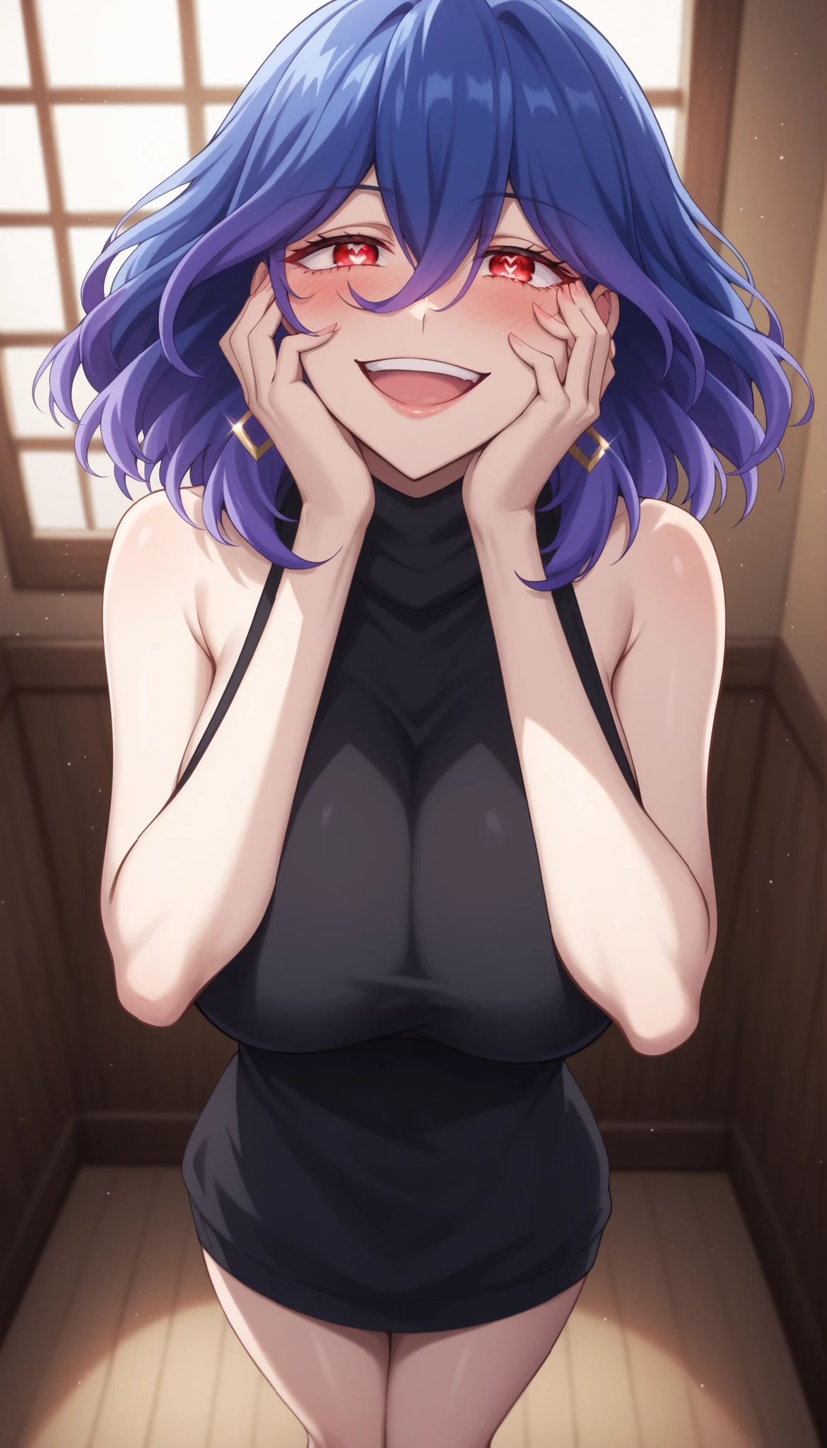 score_9, score_8_up, score_7_up, score_6_up, score_5_up, score_4_up
vermeil, vermeil, red eyes, hair between eyes, blue hair, purple hair, multicolored hair, medium hair,
sweater, bare shoulders, sleeveless, turtleneck, black sweater, thighs,
indoors, bent , smile,
looking at viewer, 1girl solo, ,,,,,,, earrings big breasts huge breasts , locking at viewer, standing , high heels , shiroshisu style ,,,,, hands on own face, crazy eyes, hands on own cheeks, heart-shaped pupils, hand on own face, open mouth, crazy smile, yandere, yandere trance, symbol-shaped pupils, glowing, looking at viewer, glowing eyes, blush, crazy