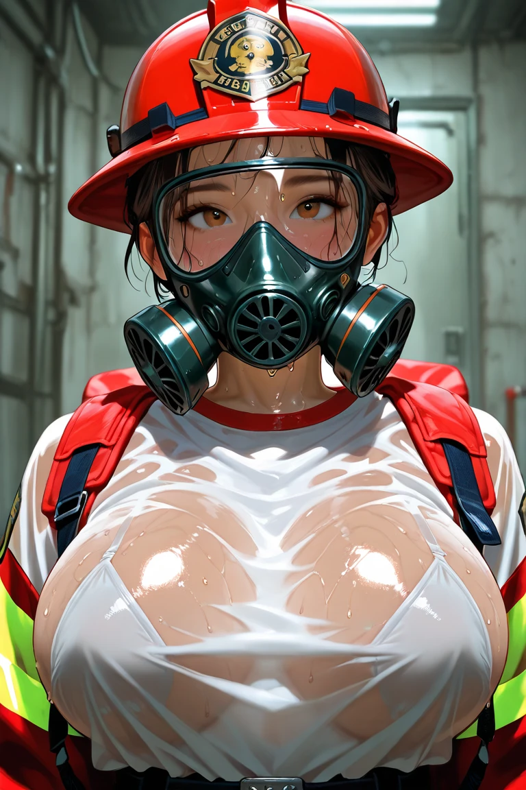 2girls , 1boy, , , penis between the breasts, breasts squeeze together, comedy, secret, , , pubic hair , , , areola slip, dark shading, post apocalyptic, gas masks, post apocalyptic masks, , pubic hair, motion lines motion effects , , a wasteland leader, hahaha subaru_bikini, striped bikini, sweaty