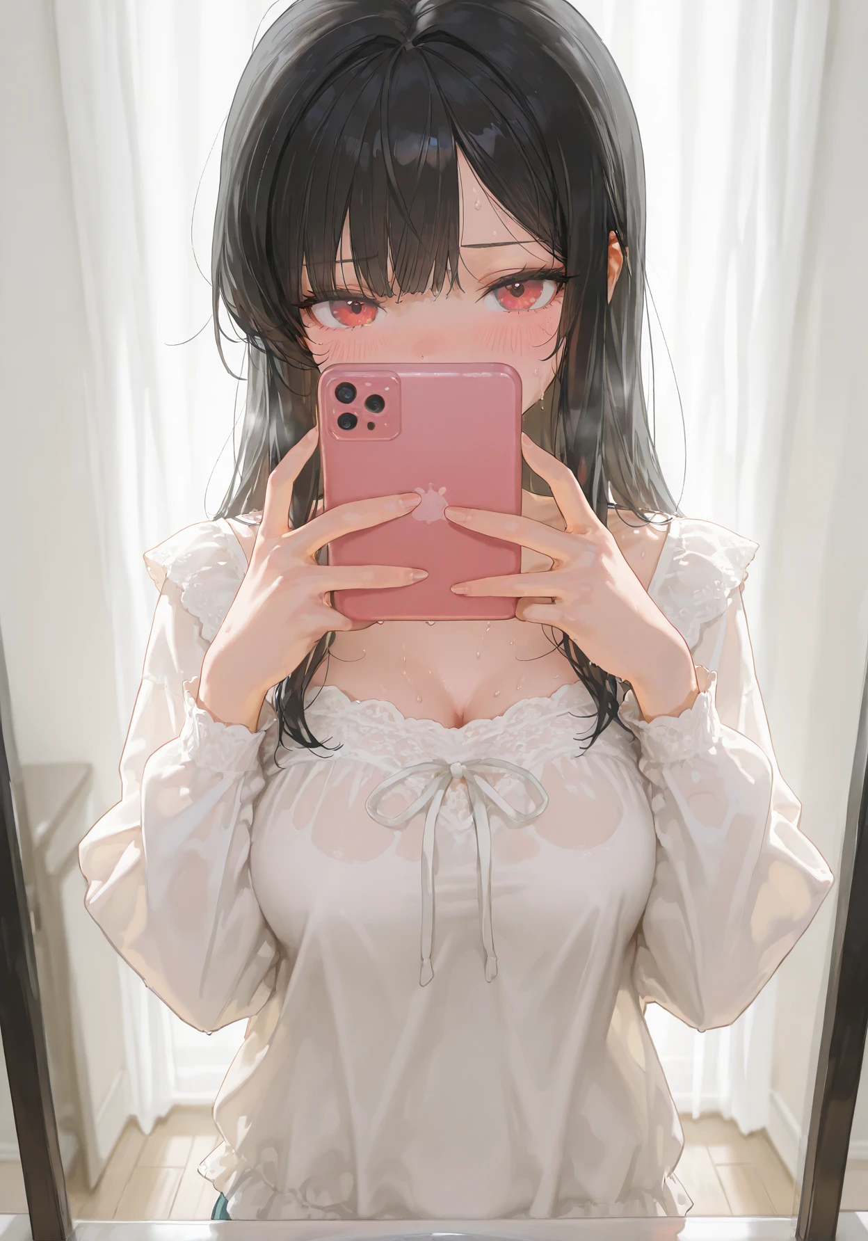 A female demon banging on a glass door with a mobile phone、bust up shot、face forward