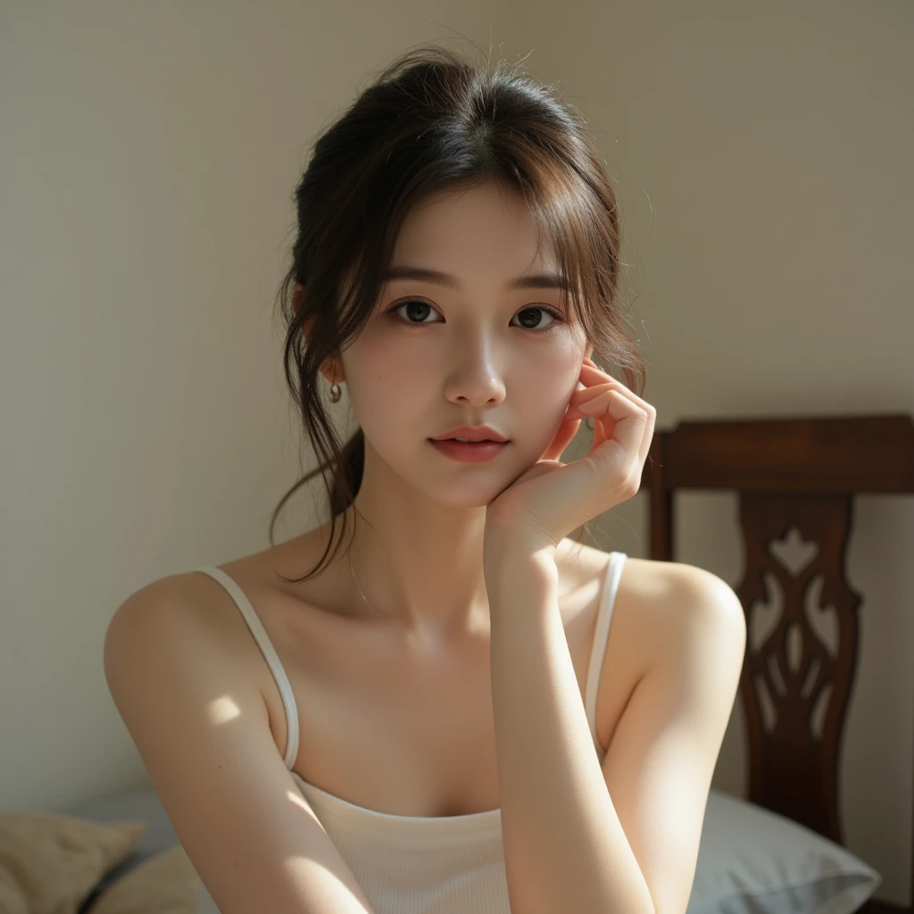Best quality, masterpiece, ultra high res, (photorealistic:1.4), raw photo, 1girl, offshoulder, in the dark, deep shadow, low key, cold light