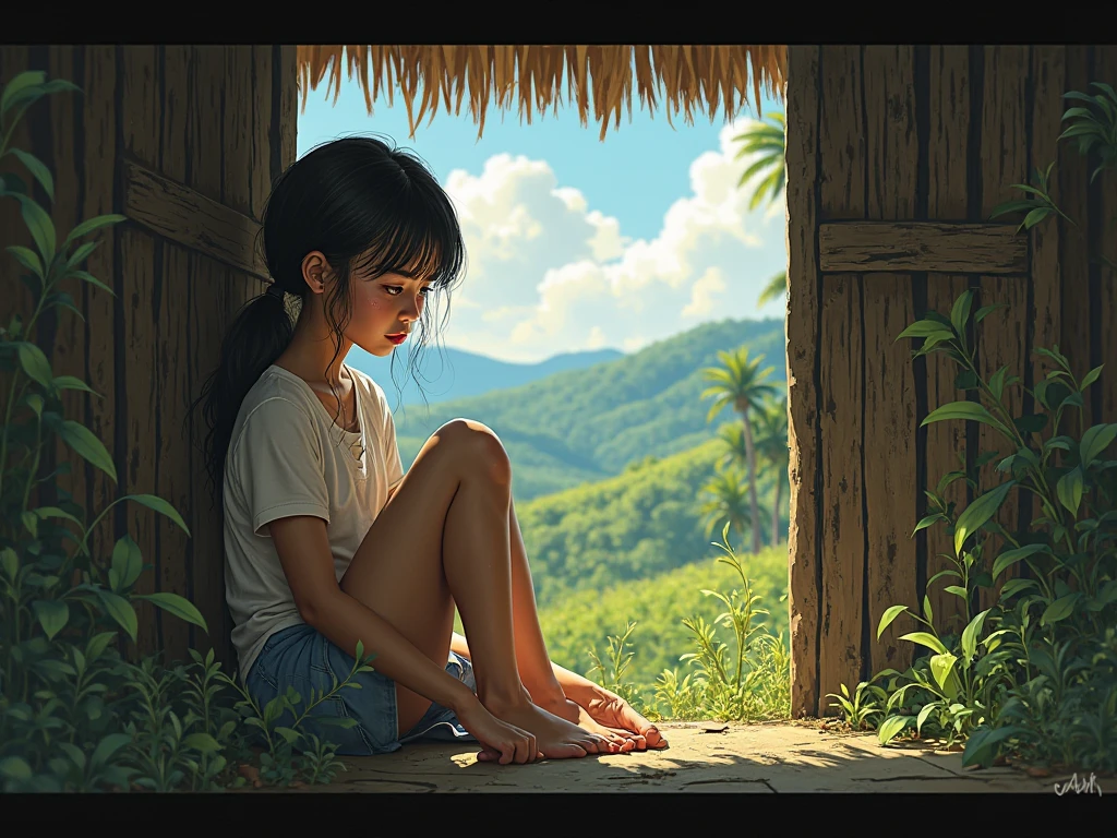 comic art style, anime realism, girl, sad cry, shed tears, sit on beach, (best quality, perfect masterpiece, Representative work, official art, Professional, high details, Ultra intricate detailed:1.3)