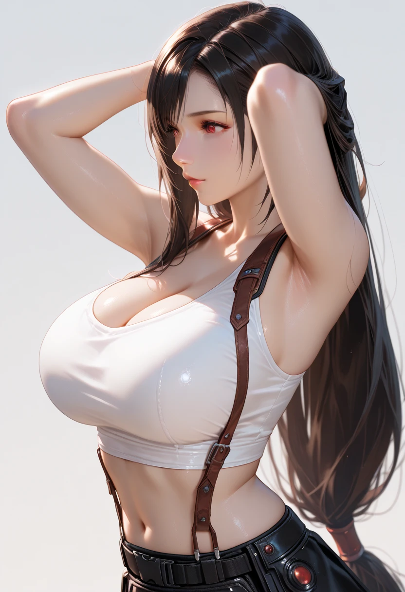Tifa lockhart, tifa_lockhart, ff7, sultry face, (white tank top:1.2), black miniskirt, (black long hair), hair bangs (red eyes:1.3) long eyelashes, beautiful red eyes with brightness, surrealism, shadow, stereogram, (photorealistic, realistic: 1.2), POV, atmospheric perspective, cinematic lighting, ray tracing, 8k, super detail, best quality, masterpiece, well detailed, (Canan EOS R6, 135mm, 1/1250s, f/2.8, ISO 400:0.9), in a vast field with mountains and a waterfall in the background, (huge breasts:1.5) red combat gloves, suspenders, fishnet stockings, teardrop earings,