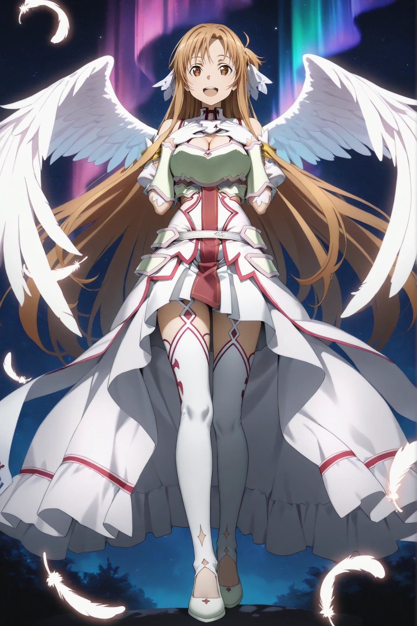 Rias Gremory \(dxd\) with (golden blonde hair;1.4), (purple eyes:1.4), (white angel wings:1.4), large breasts, wide hips, slim waist, and a tempting smile dressed in (white dxd armor:1.4), white breastplate, white fingerless gauntlets, white boots, hip guards, black leotard underneath breastplate, black thigh-high stockings, white skirt, standing in a courtyard, full body shot, masterpiece, ultra high quality.