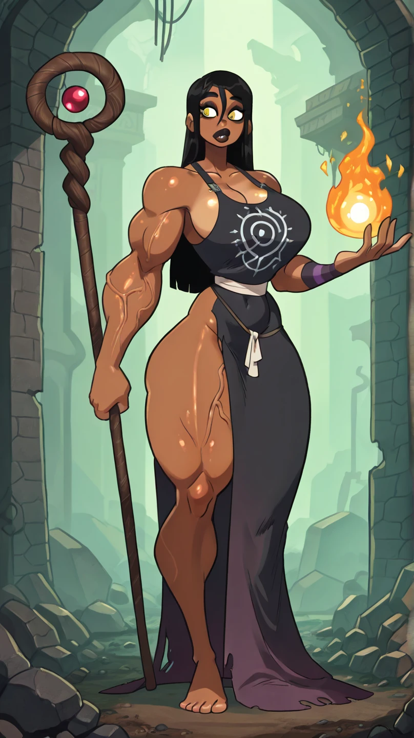 (masterpiece:1.4), (best quality), (detailed), (8k), inzaniak, (solo, 1girl), tropical island, full moon, night, campfire, boss, (black eyes:1.2), small breasts, (dark skin:0.8), brown hair, sidelocks, ponytail, completely nude, looking smug, smiling, vagina, gold anklet, gold bracelet, gold choker, (necklace:1.2), barefoot, full body, standing, wide stance