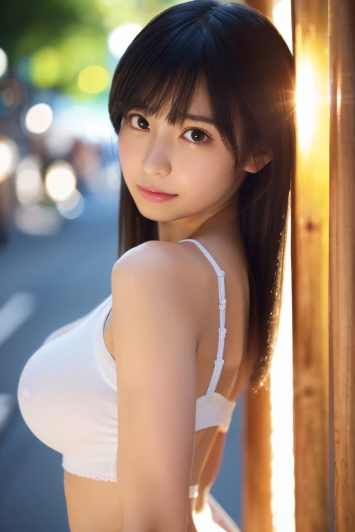 (Skin blemishes:1.2), (Skindentation), Black eye, 1womanl, 25-years old, (((femele))), 独奏, realisitic, Top image quality, Photorealsitic, masterpiece, 8K, hight resolution, 独奏, extra detailed face, (profetional lighting、bokeh dof), (light particules、lensflare、Luminous particles:0.6), (dynamicposes:1.2), Soft lighting, Top Angle View, Fashionable and trendy atmosphere, jpn, a street, TOKYOcty, harbour, skytree, Tokyo Tower, ((during daytime)), Skysky, ((Look at viewers:1)), (looking in camera)、(portlate:0.6)、cowboy shot、a gorgeous、is standing、Keep the original facial proportions、broad shoulder、full bodyesbian、(medium breasts)、(Medium hair)、brown haired、Floating hair、s lips、lipsticks、seducting smile、Floating hair、a smile、open_mouth、tusk、blouse、(Pink summer dress:1)、eye lashes、mole、(Mole under the eyes:1)、