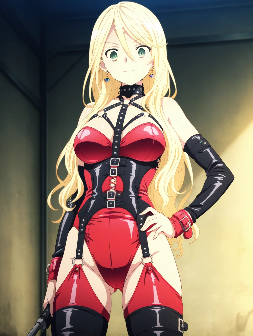 (nsfw:0.7),(RED Ribbon on HAIRband:1.2),(8k back ground), ((deep shadow)), (ultra fine illustration), (best quality), (insanely detailed eyes mouth lip hair arms legs clothes back ground), (1girl, girly makeup, surprise, shocked, blond, blunt bangs,long curly hair, Medium breasts and thighs), (wearing red patent leather body suit), cameltoe, ((madeon, from below, seiling)), ((crotch close-up)), (steam), (((straddling a pov body))),(pointy_groin)