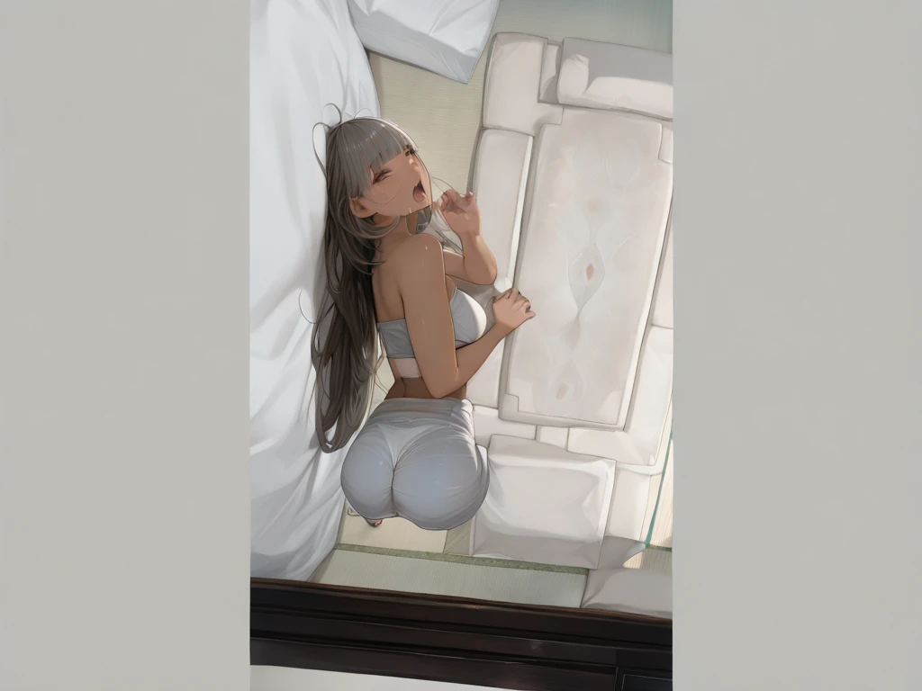 Sexy girl, Russian, perfect anatomy, masterpiece, perfect photo, Body shape: sex model, with a big ass, shows wide anus, smiling, (Background: white bed, video camera professional light), идеальная Body shape, stretches her anus with her fingers 