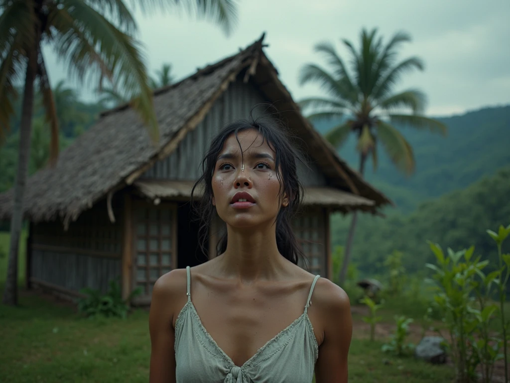 In a small Indonesian village, a 27-year-old girl with a mysterious skin condition sits in a creaky chair, her tattered white gown revealing the haunting holes in her skin. With disheveled hair, she casts an eerie presence in a horror-filled atmosphere. Sunlight seeps through the cracks of the wooden house, adding an ominous glow to the scene((Face Ultra Detail))