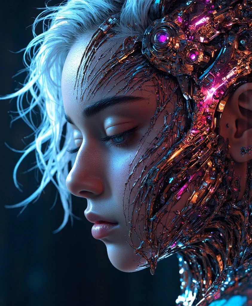Ultra-Realistic Capture,18k,RAW Photos,Highest quality,masterpiece,reality,Very detailed,Female Android,Glamour,Her whole wet body is visible,(((Beautiful Skin, Transparent glass skin,Transparent muscles,whole body,Standing on tiptoes)), ((Clear images of electronic systems)), Detailed Brain Vision, Numerous detailed connection lines, Mechanical Limbs, Tubes connected to machine parts, Mechanical vertebrae attached to the spine, Mechanical cervical attachment to the neck,Joints are mechanical,Numerous wires and cables connected to the head, (whiteい液体のプールの中で), cybernetics, cyber punk,Sharp focus, Hyperrealism, Very detailed, Intricate details,Small glowing LED lamp, Global Illumination, Deep Shadow, Octane Rendering, Ultra Sharp, Metal, Exquisite decorative details, Baroque details, reality的な光, To the camera, Neon Details, Complex body poses, A breathtakingly beautiful female humanoid cyborg android, Impressive big eyes, Delicate features, Future SF, Complex transparent mechanical parts, Numerous glowing cybernetic implants throughout the body, Active Pause, Surreal, reality的, masterpiece,Cinema Lighting, Dramatic Shadows, Vibrant colors, very saturated, Neon Highlights, Glowing Energy Field, Complex Machinery, Sleek and modern, State-of-the-art technology, Advanced AI, Seamless integration of organic and mechanical elements,Portraiture,((Very long grey hair)),Long legs,Standing on tiptoes,Wet Hair,Disheveled Hair,white,Acrobatic pose,Rainbow Skin,particle,