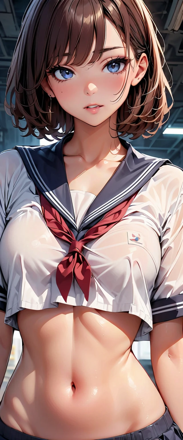 (in 8K), ((ultra-quality)), (looking up), (upward glance), (Bukkake:1.5), (front view), (in 8K), (arms behind head:1.5), ultla highres, Hyper Detailed, High contrast, Ultrafine Strike, creative refinement, absurdres, Realistic, extremely detailed CG unified 8k wallpaper, Highly detailed, High-definition raw color photos, professional photograpy, Realistic portrait, Cinematic Light, Beautiful detailed, 28 years old woman, (realistic skin:1.3), (shiny skin), (Best Quality:1.4), Super Detail, High quality, ​master piece, lifelike, (After SEX), Bukkake, Perfect face, (Sharp Focus), (Cowboy shot), (close up), Delicate Beautiful Hair and Eyes and Face, Delicate eyes, radiant eyes, Lifelike, Hyper-detailing, (Wearing a black sailor uniform with black shirt:1.3), (school costume), (black sailor collar), (black japanese school shirt), (no tie), (Sheer), (black pleated shirt), (colossal breasts:1.5), (large breasts:1.6), (Beautiful breasts:1.5), (covered breasts:1.5), (wet), (arms behind head), Beautiful cute woman, camel-toe details, (SFW), wet clothes, pale black eyes, (dark hair), (asymmetrical bangs),